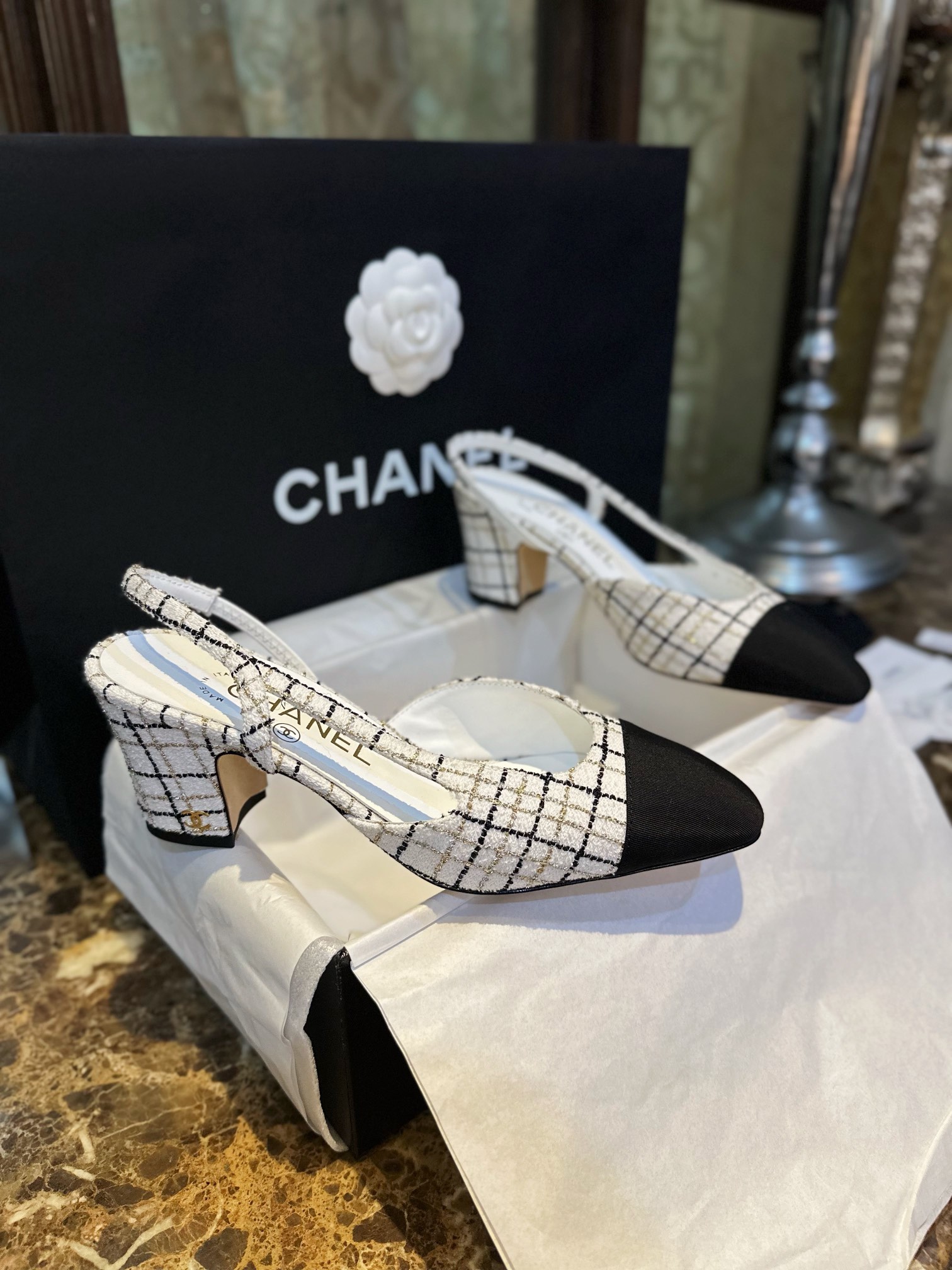 Chanel Elegant High Heels with Classic Satin and Gold Thread Tweed, Sheepskin Lining, Genuine Leather Sole, Embossed Gold Hardware