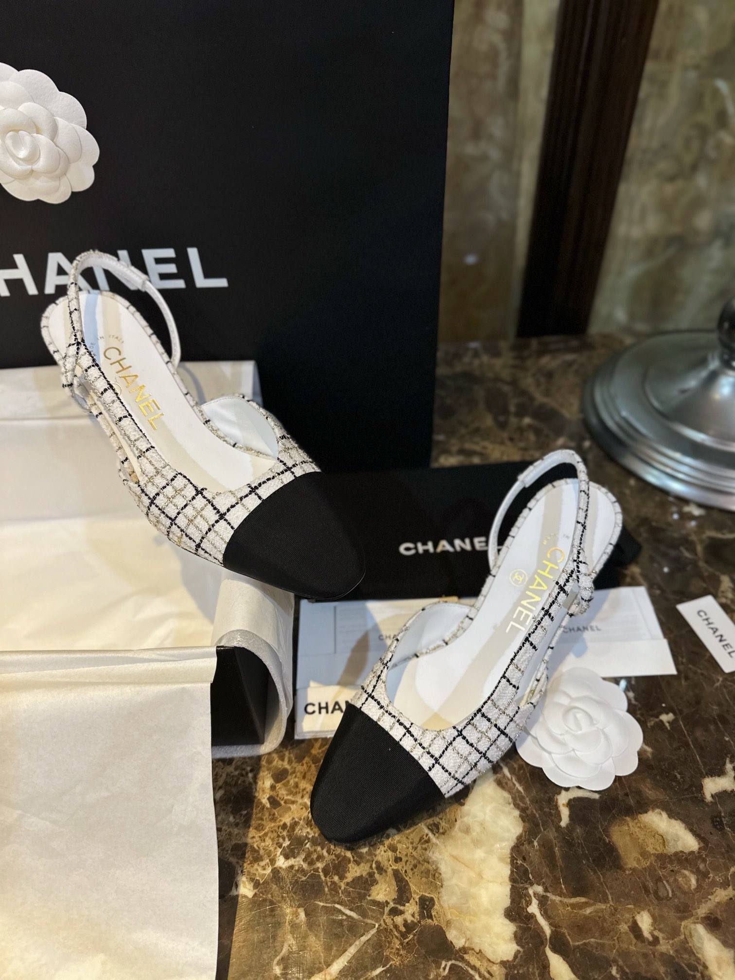 Chanel Elegant High Heels with Classic Satin and Gold Thread Tweed, Sheepskin Lining, Genuine Leather Sole, Embossed Gold Hardware