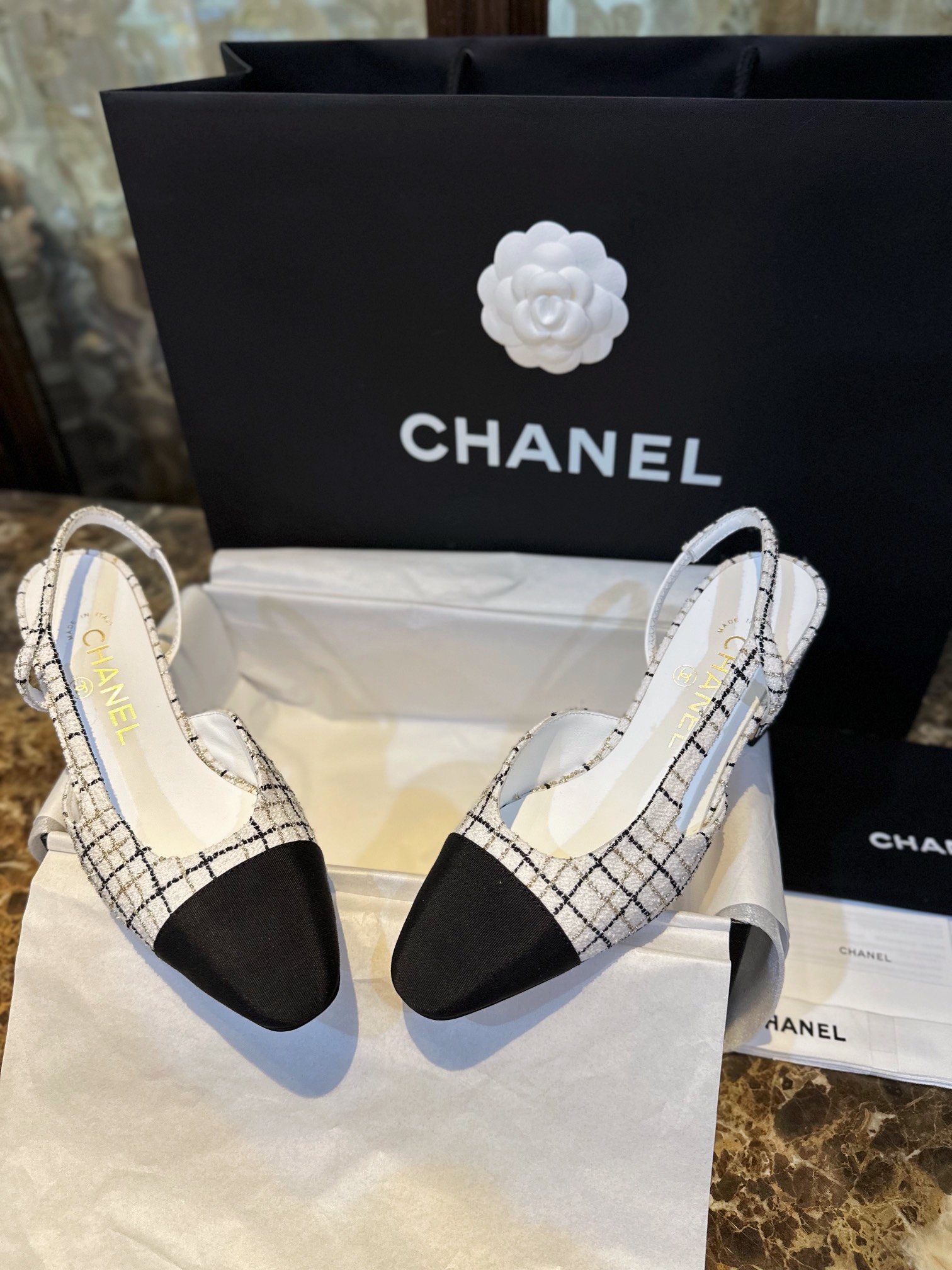 Chanel Elegant High Heels with Classic Satin and Gold Thread Tweed, Sheepskin Lining, Genuine Leather Sole, Embossed Gold Hardware