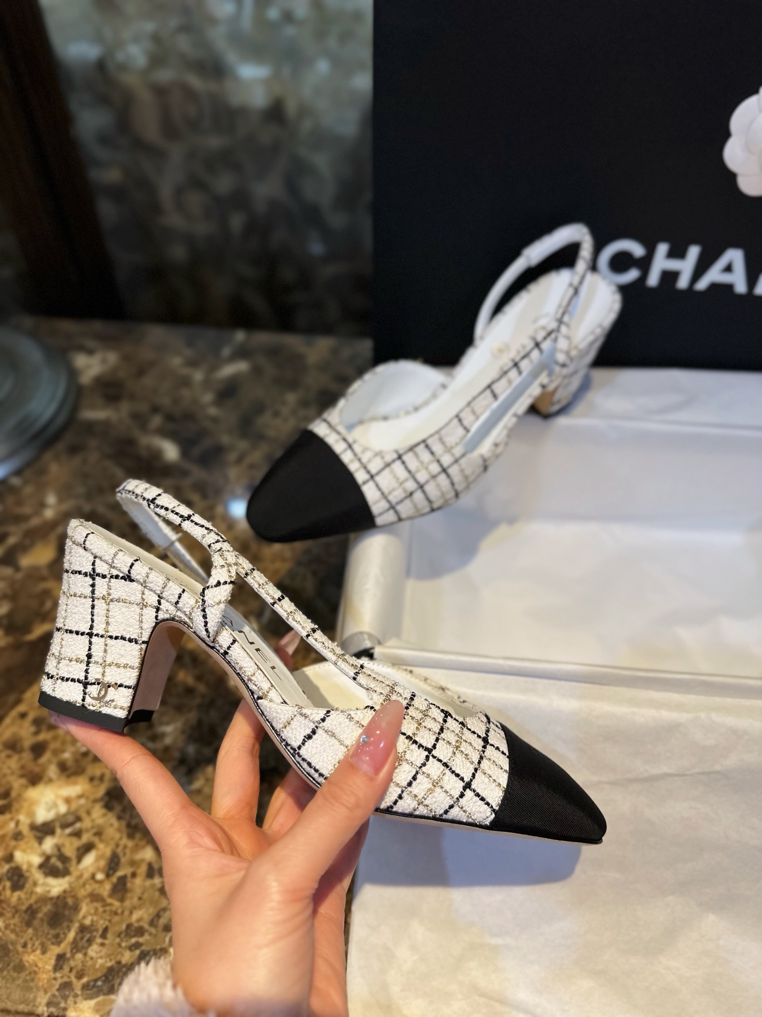 Chanel Elegant High Heels with Classic Satin and Gold Thread Tweed, Sheepskin Lining, Genuine Leather Sole, Embossed Gold Hardware