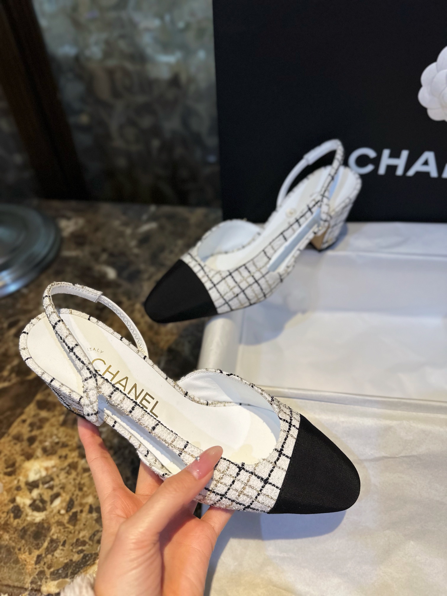 Chanel Elegant High Heels with Classic Satin and Gold Thread Tweed, Sheepskin Lining, Genuine Leather Sole, Embossed Gold Hardware