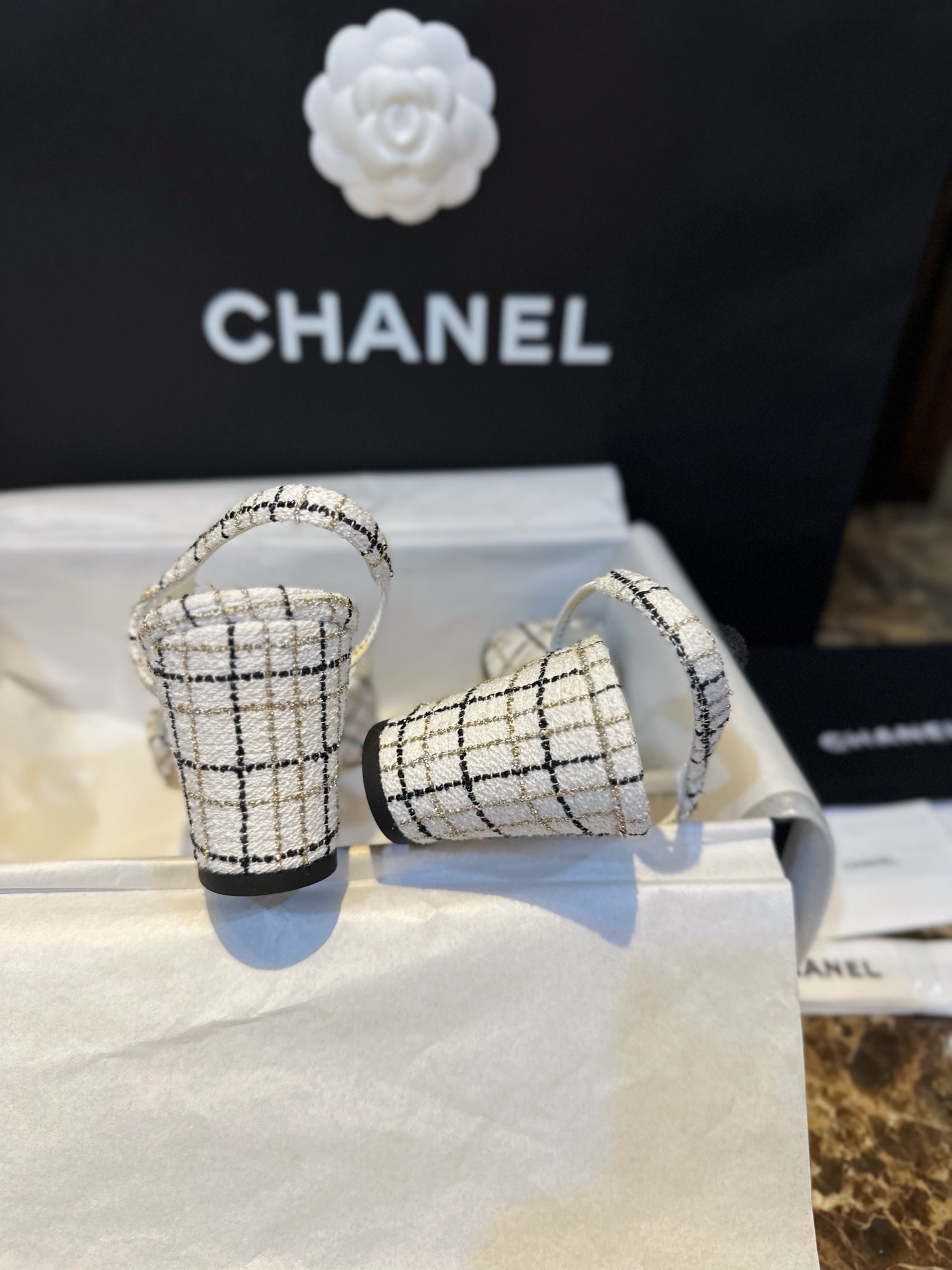 Chanel Elegant High Heels with Classic Satin and Gold Thread Tweed, Sheepskin Lining, Genuine Leather Sole, Embossed Gold Hardware