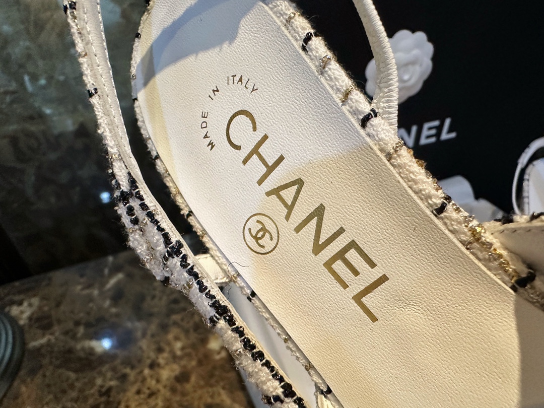 Chanel Elegant High Heels with Classic Satin and Gold Thread Tweed, Sheepskin Lining, Genuine Leather Sole, Embossed Gold Hardware