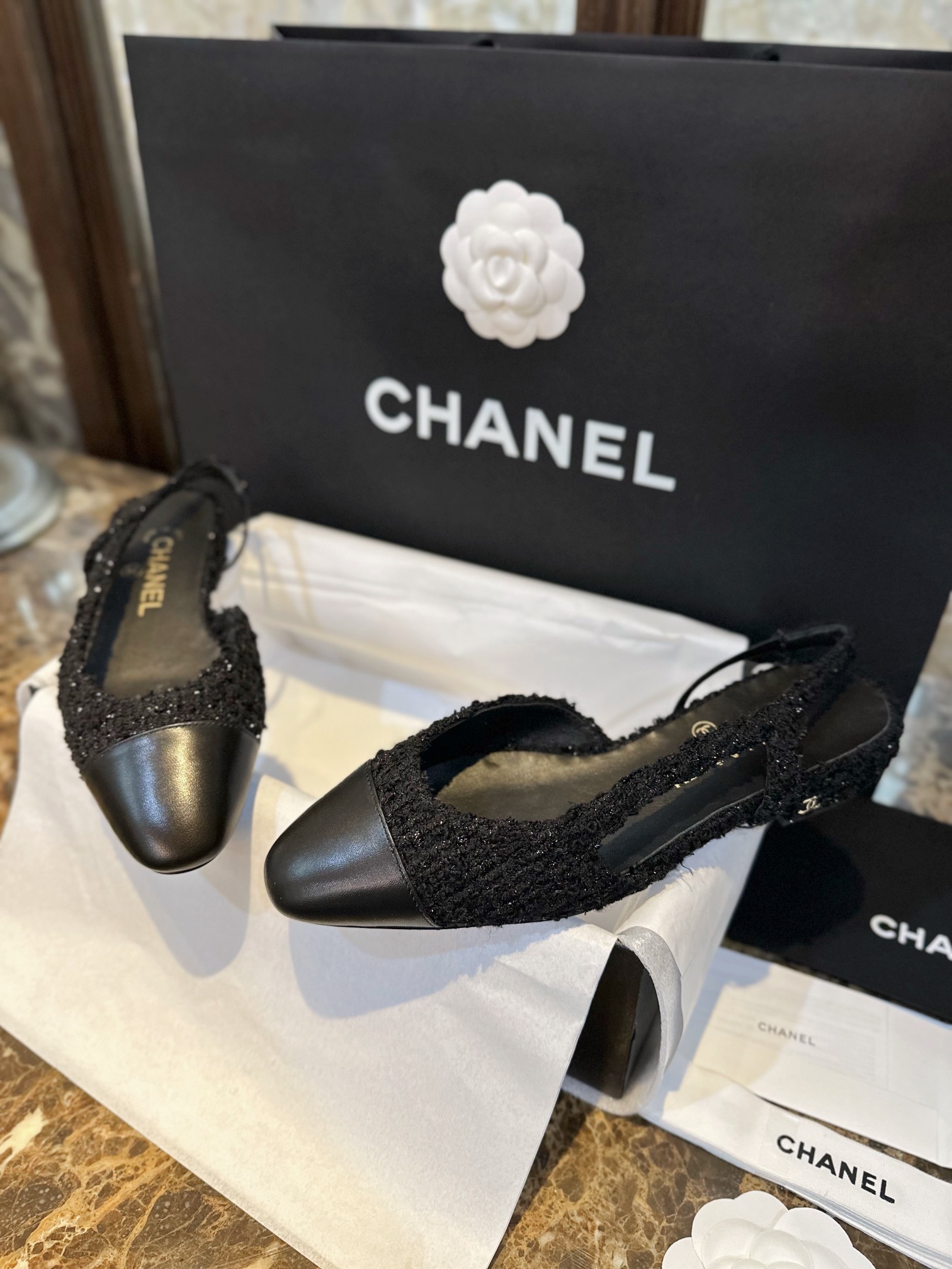 Chanel Black Tweed Flat Shoes | Tweed Fabric with Black Sheepskin and Genuine Leather Sole