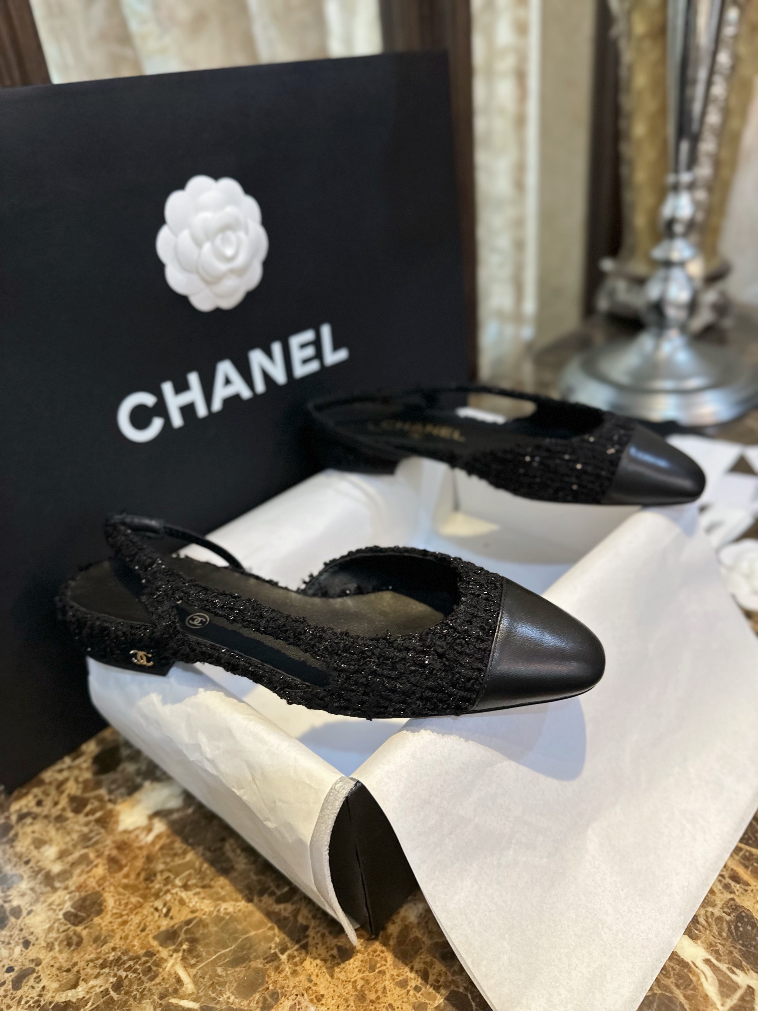 Chanel Black Tweed Flat Shoes | Tweed Fabric with Black Sheepskin and Genuine Leather Sole