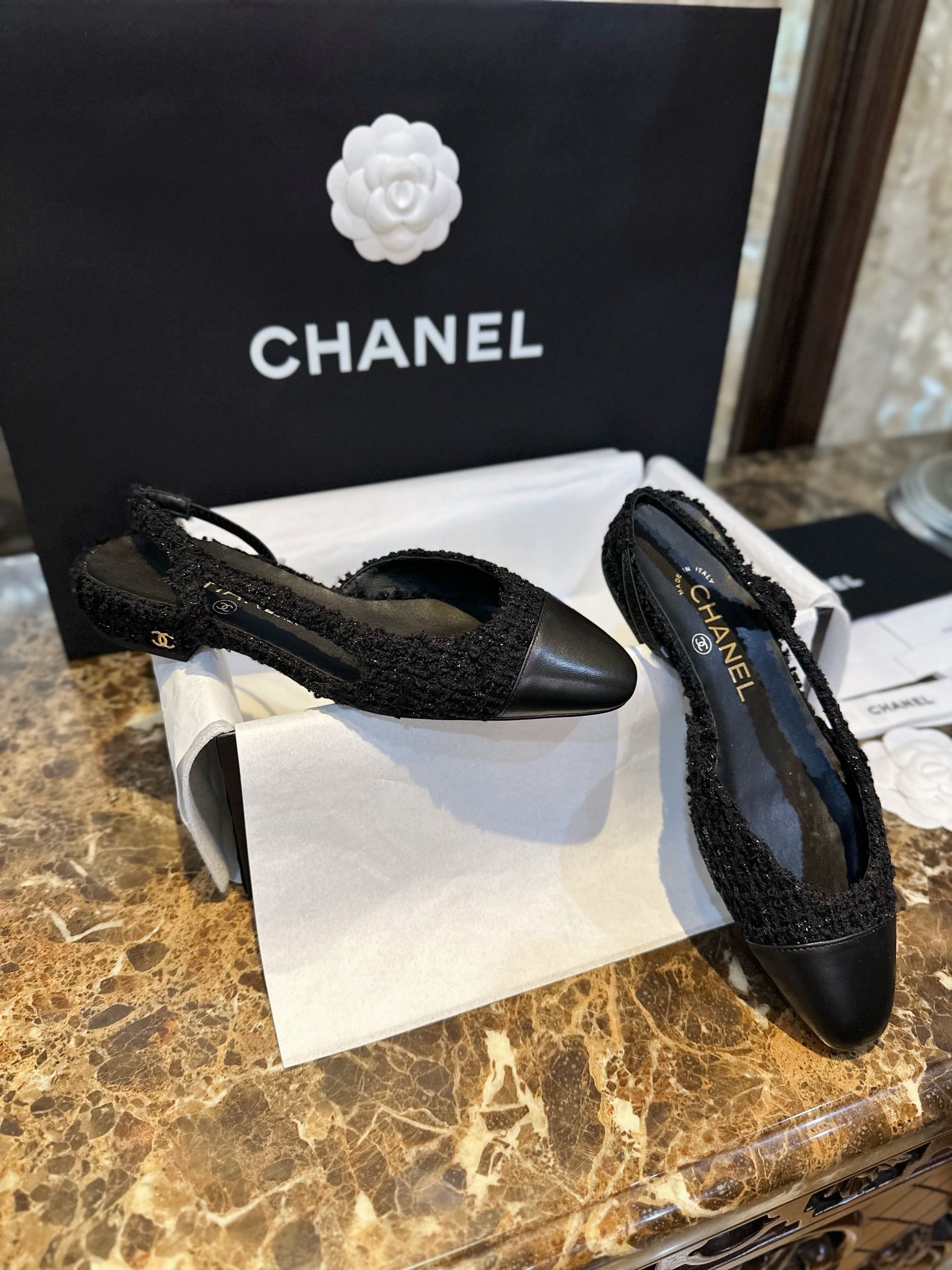 Chanel Black Tweed Flat Shoes | Tweed Fabric with Black Sheepskin and Genuine Leather Sole