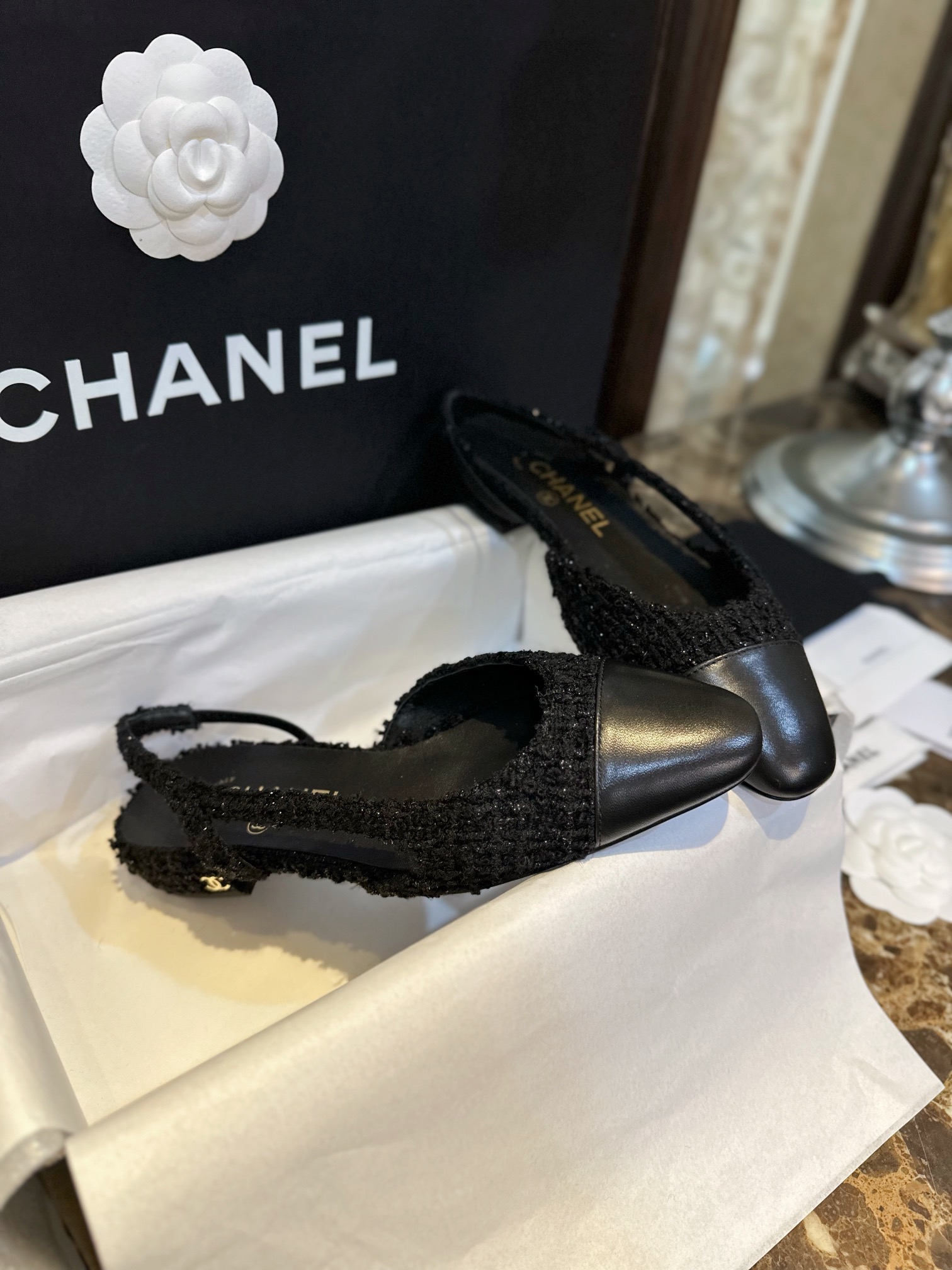 Chanel Black Tweed Flat Shoes | Tweed Fabric with Black Sheepskin and Genuine Leather Sole