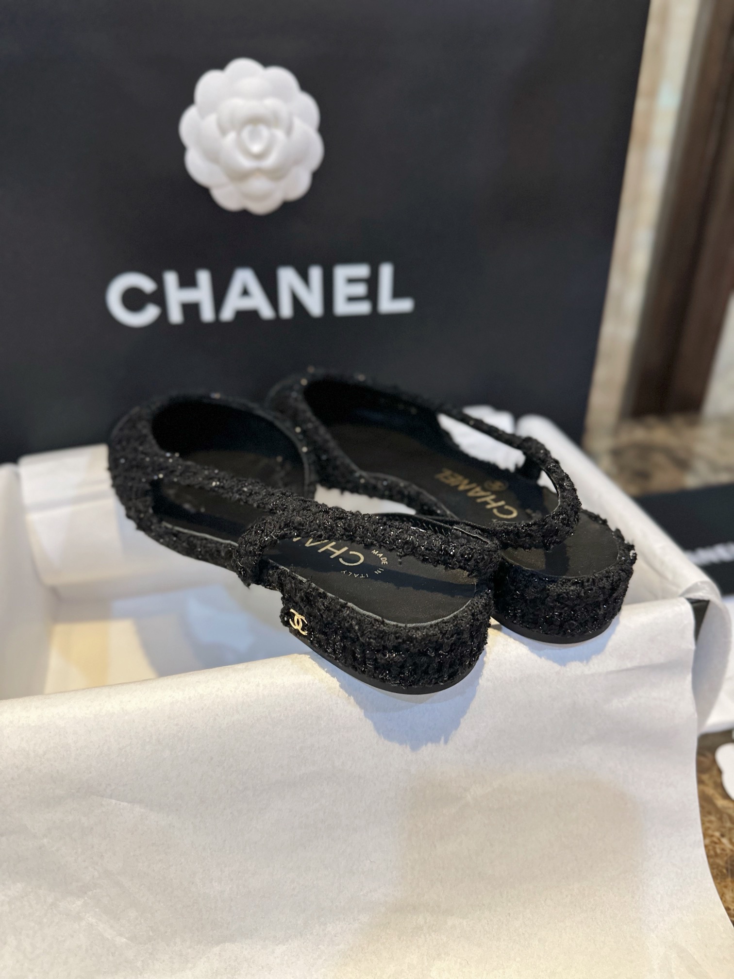 Chanel Black Tweed Flat Shoes | Tweed Fabric with Black Sheepskin and Genuine Leather Sole