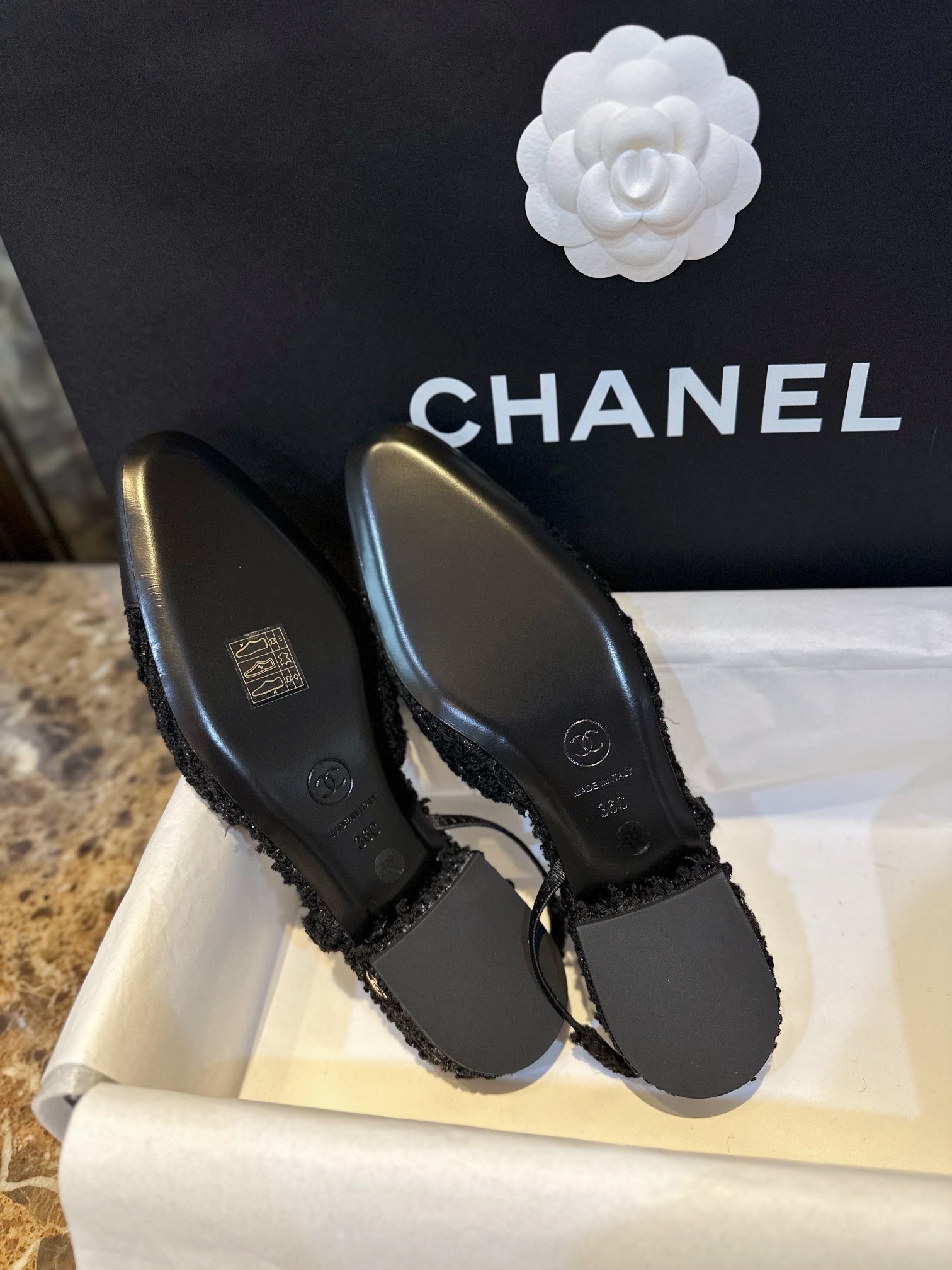 Chanel Black Tweed Flat Shoes | Tweed Fabric with Black Sheepskin and Genuine Leather Sole