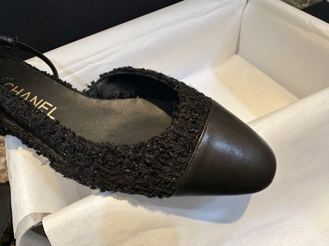 Chanel Black Tweed Flat Shoes | Tweed Fabric with Black Sheepskin and Genuine Leather Sole