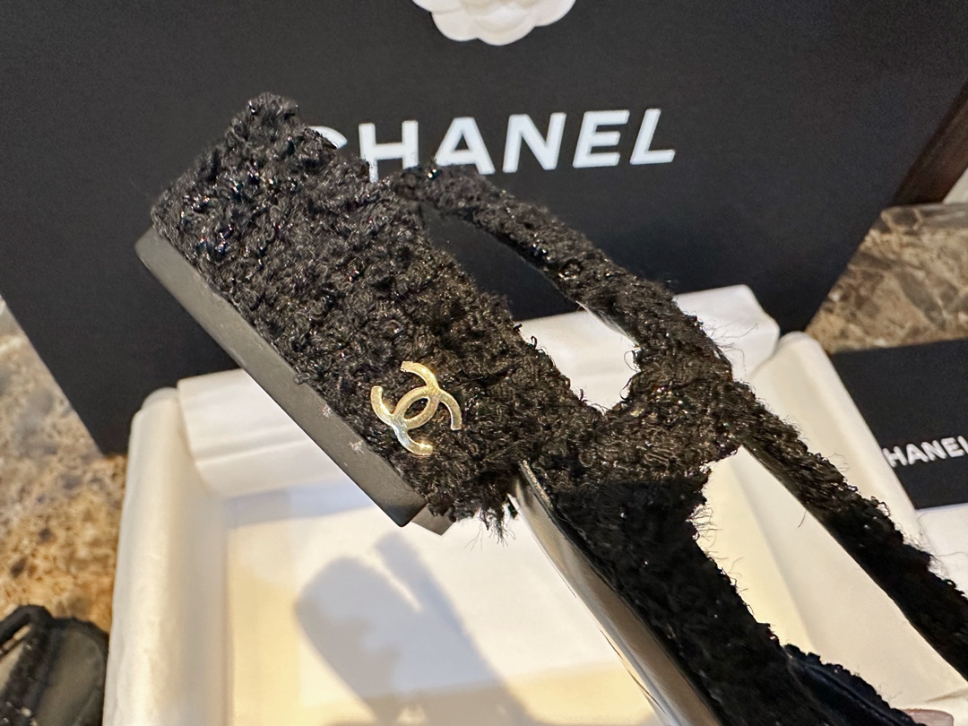 Chanel Black Tweed Flat Shoes | Tweed Fabric with Black Sheepskin and Genuine Leather Sole