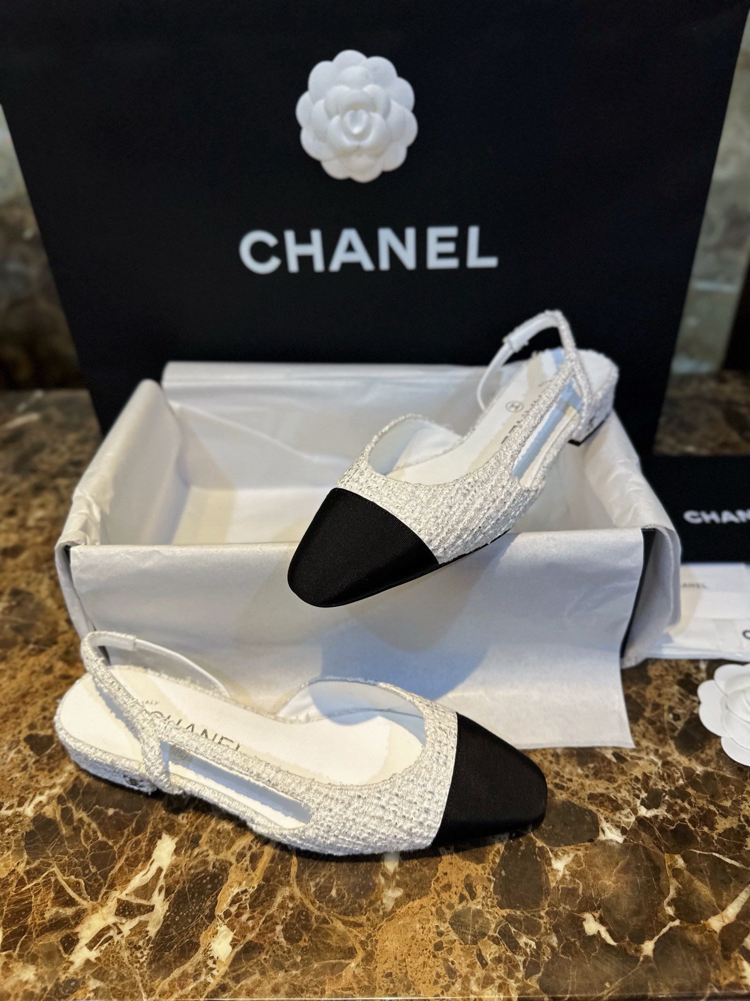 Chanel Silver Foil Coarse White Flat Shoes