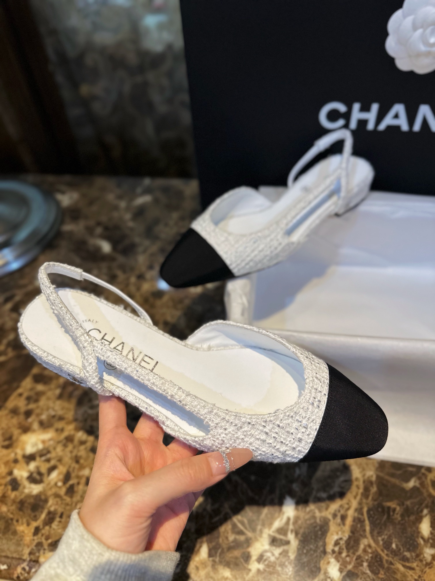 Chanel Silver Foil Coarse White Flat Shoes