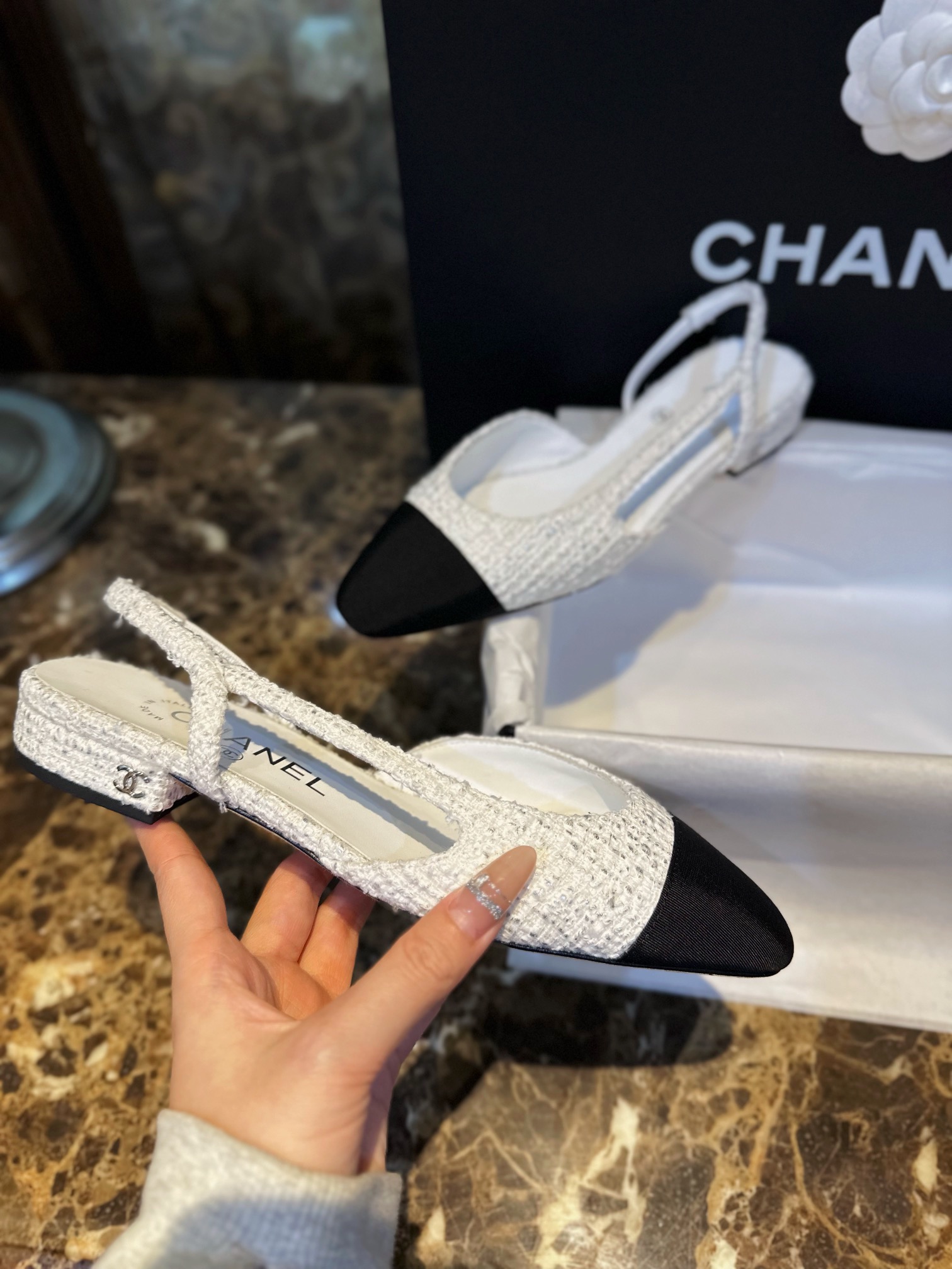 Chanel Silver Foil Coarse White Flat Shoes