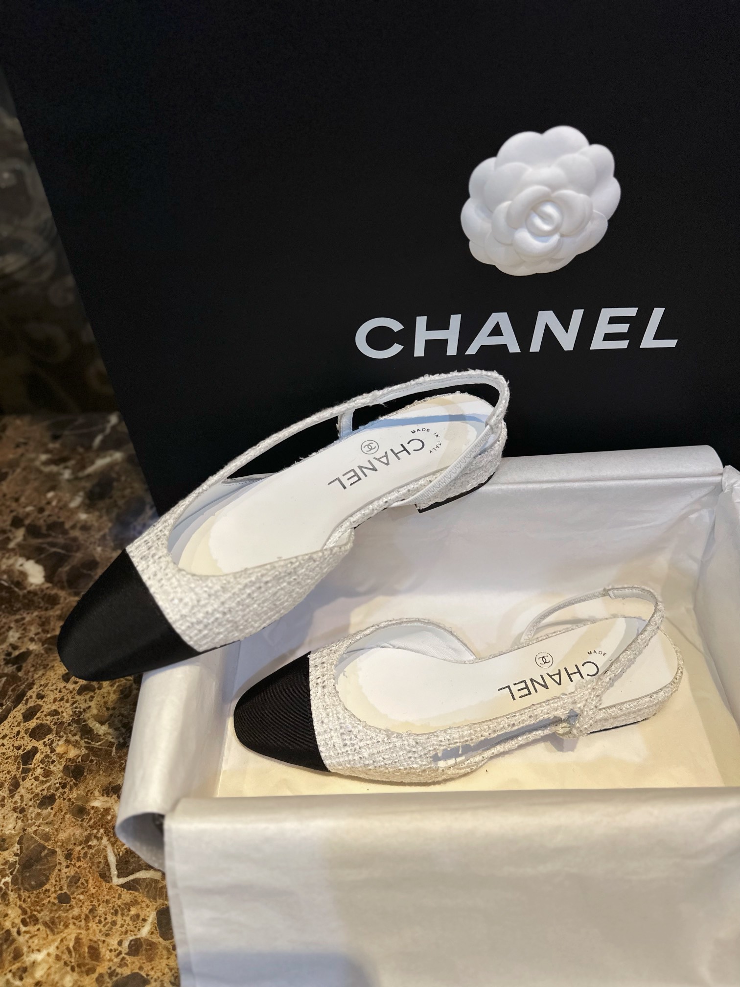 Chanel Silver Foil Coarse White Flat Shoes