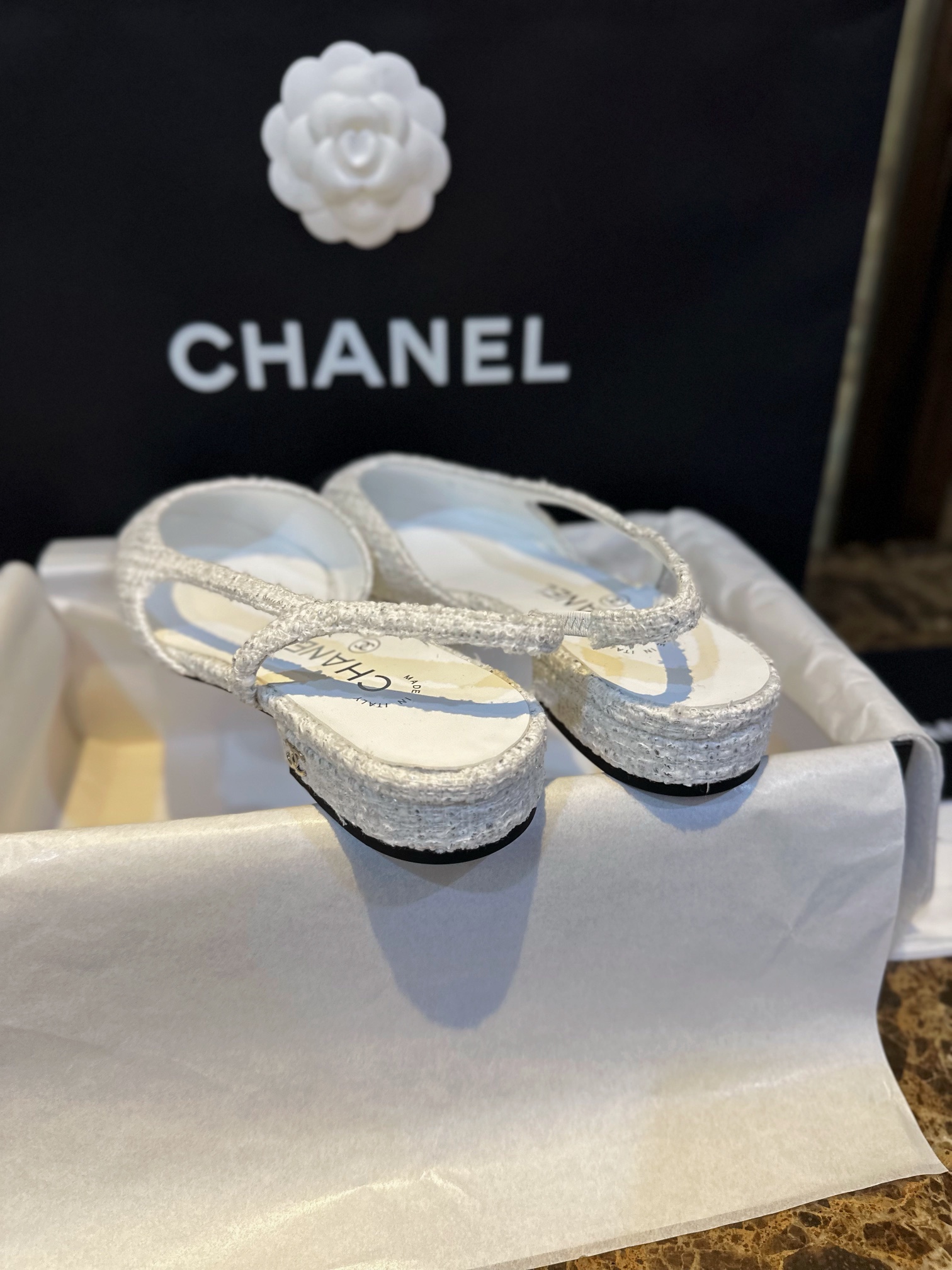 Chanel Silver Foil Coarse White Flat Shoes