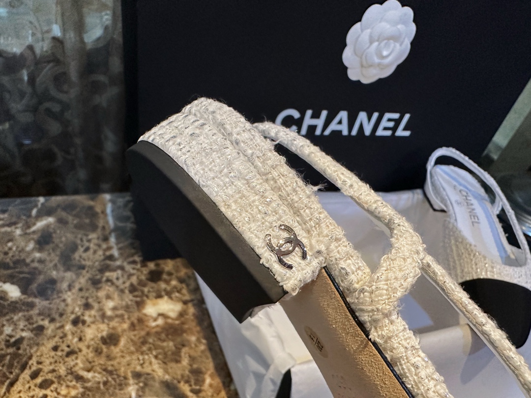 Chanel Silver Foil Coarse White Flat Shoes