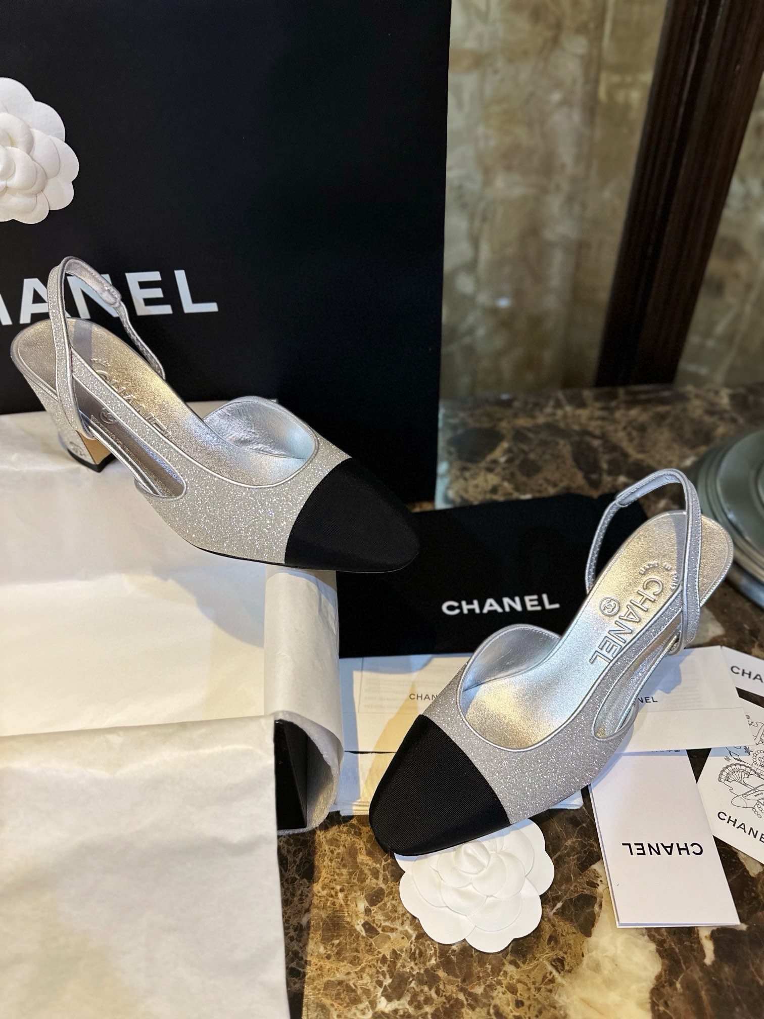 Chanel Silver Glitter Strappy Sandals with 6.5cm Heel Height 