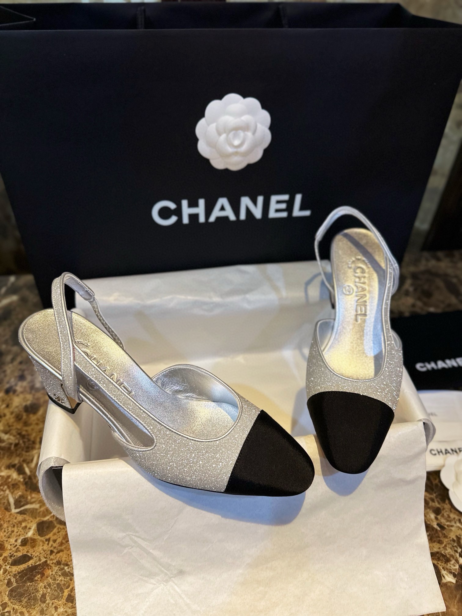 Chanel Silver Glitter Strappy Sandals with 6.5cm Heel Height 