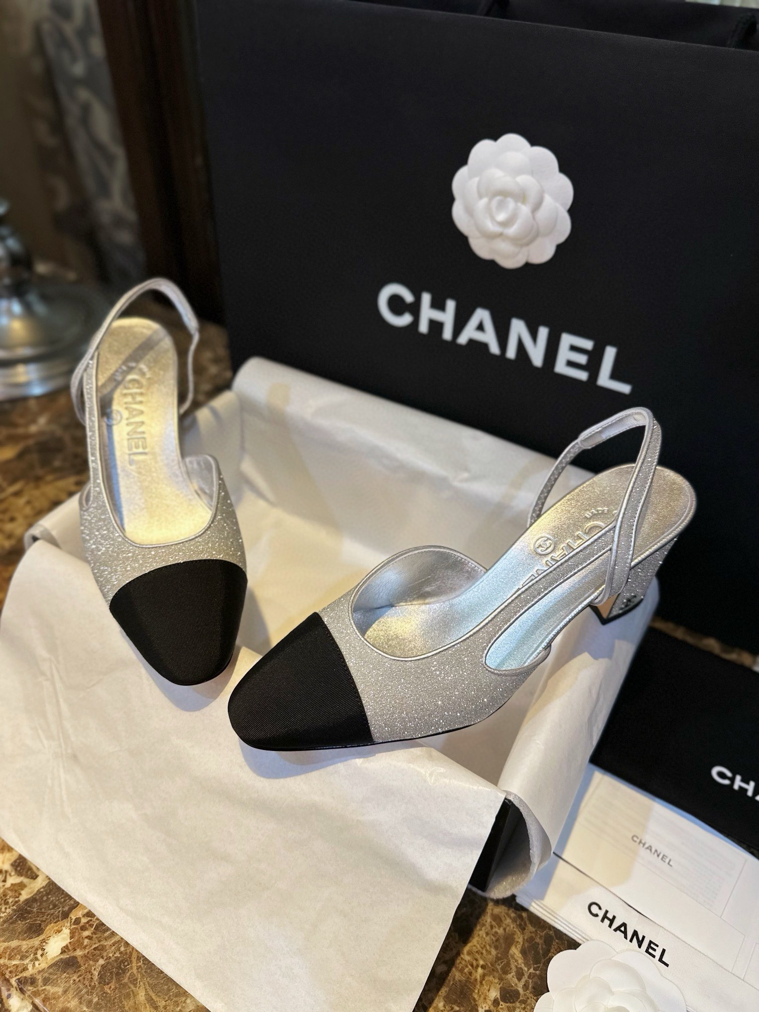 Chanel Silver Glitter Strappy Sandals with 6.5cm Heel Height 