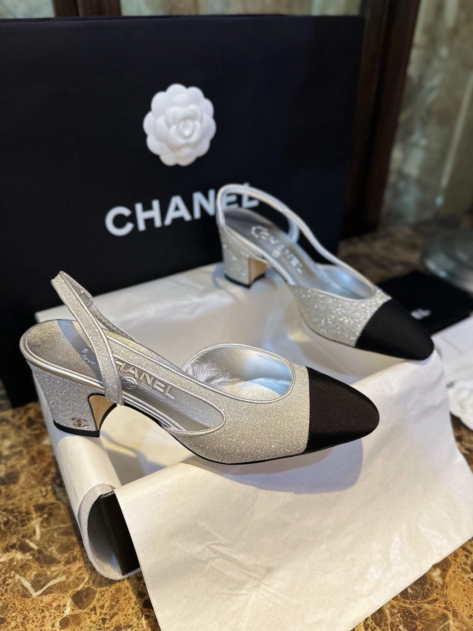 Chanel Silver Glitter Strappy Sandals with 6.5cm Heel Height 