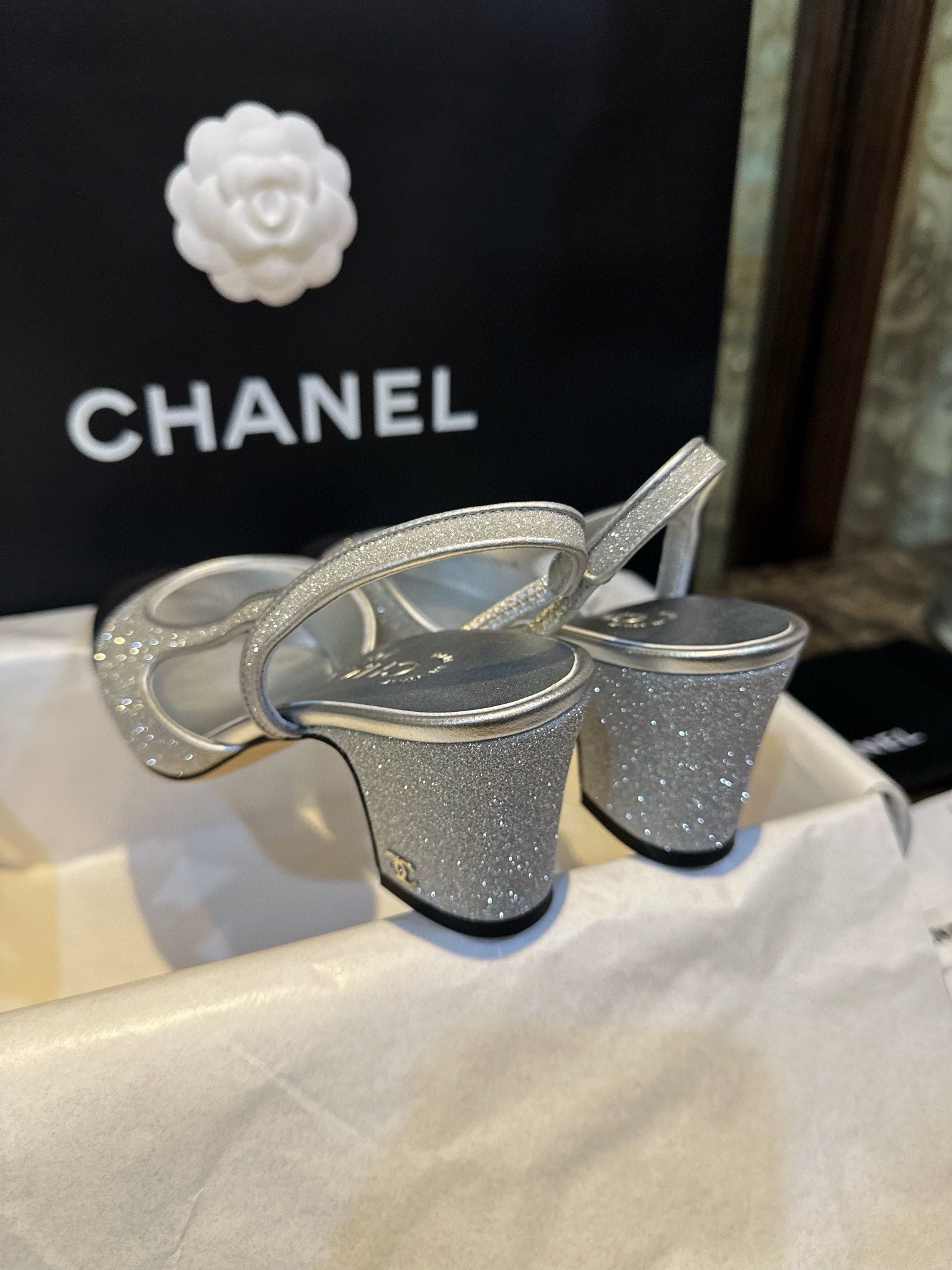 Chanel Silver Glitter Strappy Sandals with 6.5cm Heel Height 