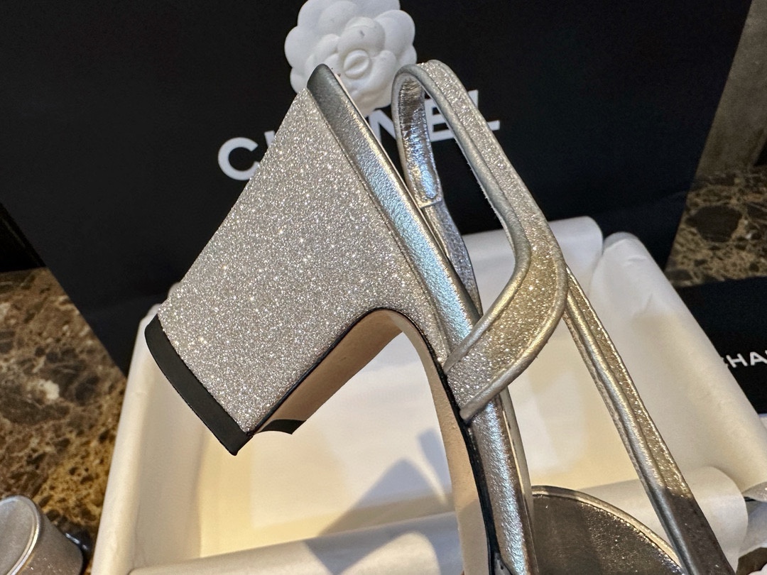 Chanel Silver Glitter Strappy Sandals with 6.5cm Heel Height 