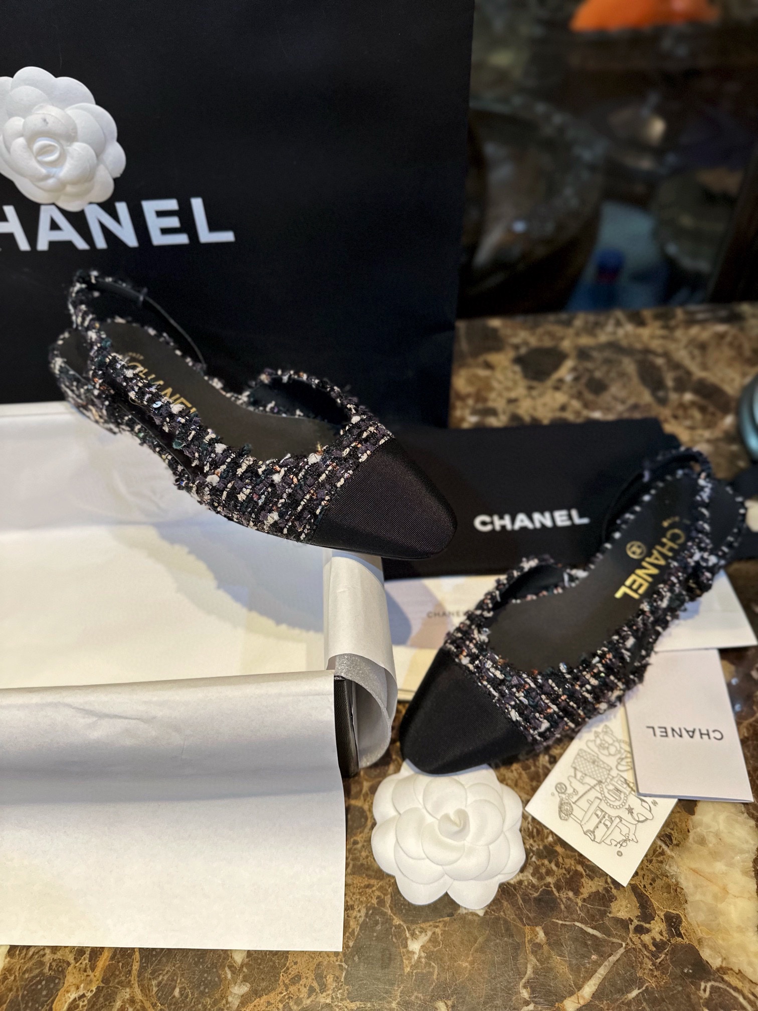 Chanel Black Rainbow Woven Floral Flat Shoes | Woolen Weave with Sparkling Sequins