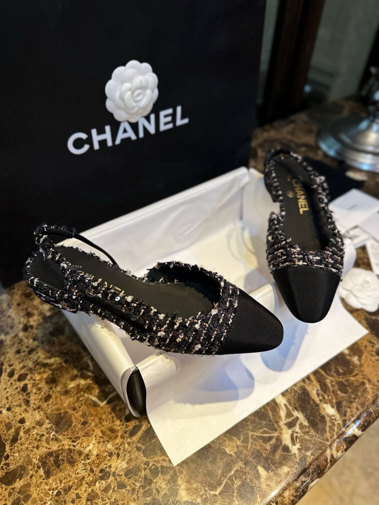 Chanel Black Rainbow Woven Floral Flat Shoes | Woolen Weave with Sparkling Sequins