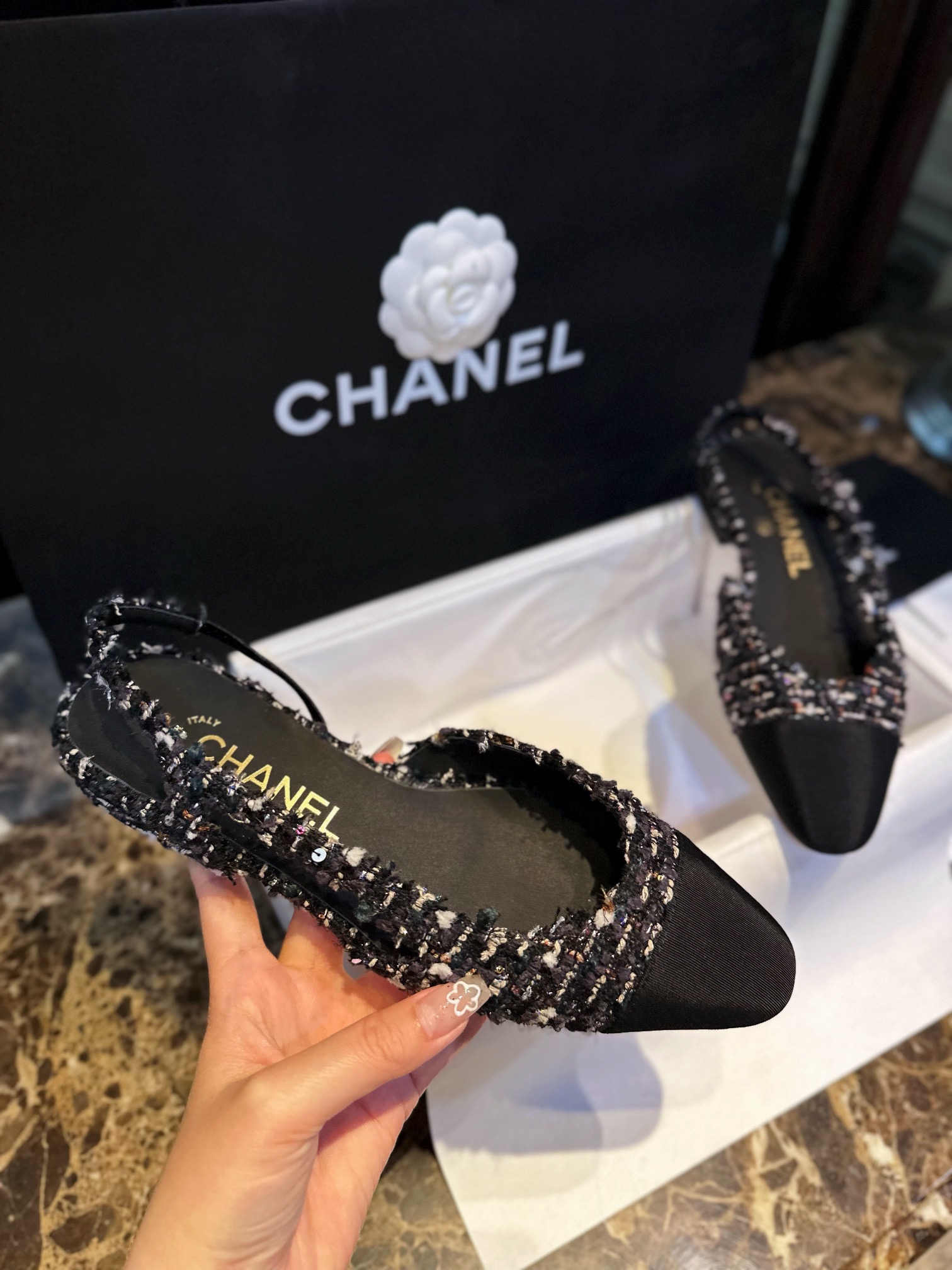 Chanel Black Rainbow Woven Floral Flat Shoes | Woolen Weave with Sparkling Sequins