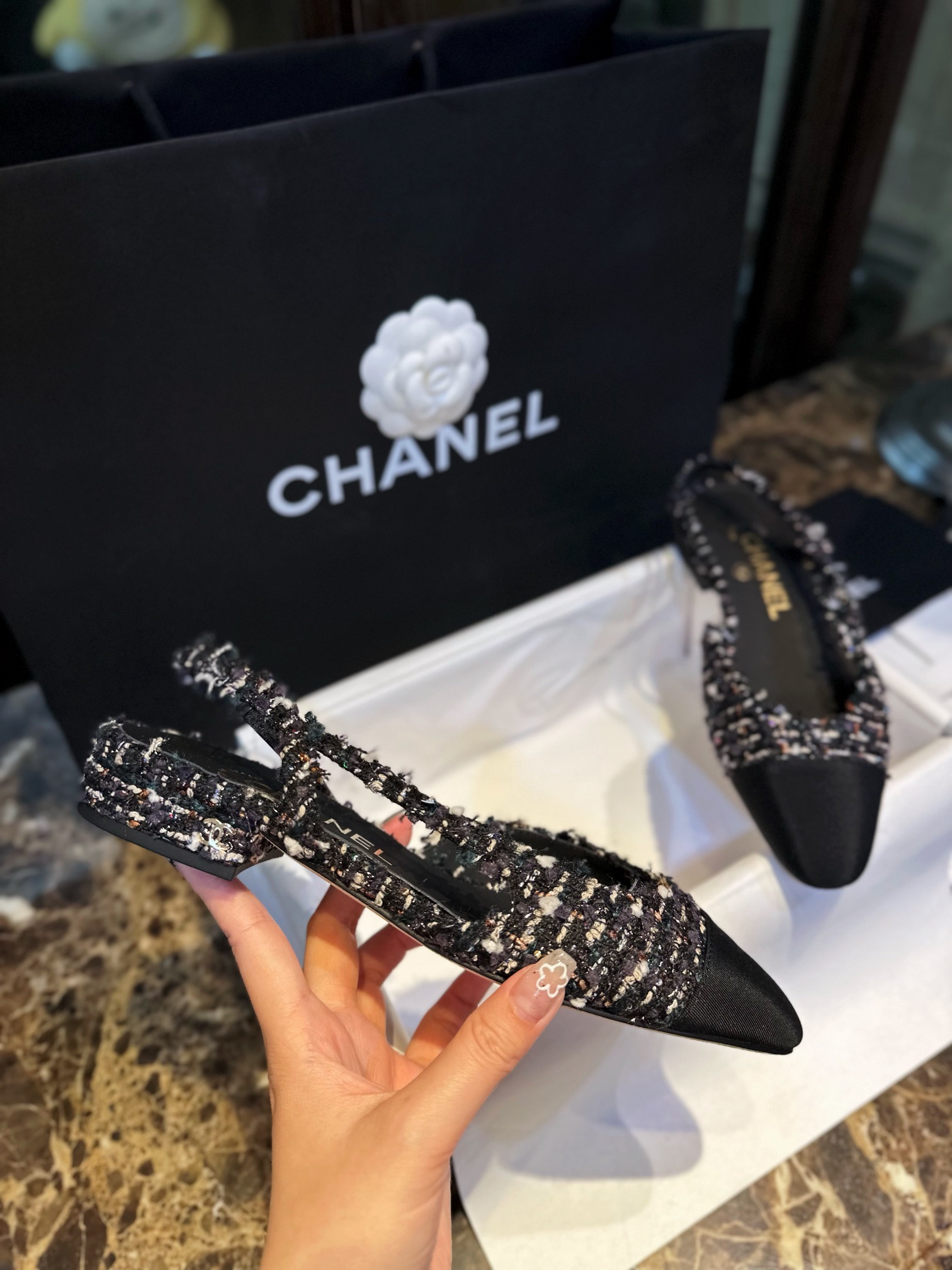 Chanel Black Rainbow Woven Floral Flat Shoes | Woolen Weave with Sparkling Sequins