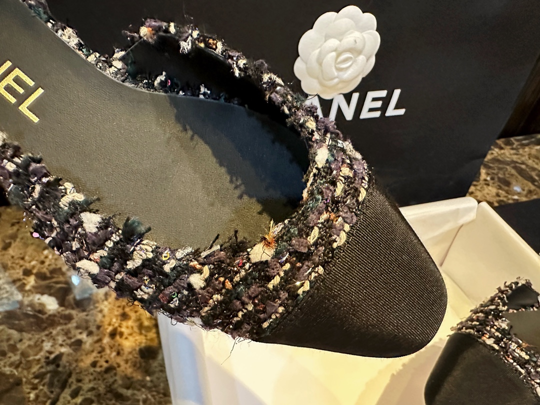 Chanel Black Rainbow Woven Floral Flat Shoes | Woolen Weave with Sparkling Sequins