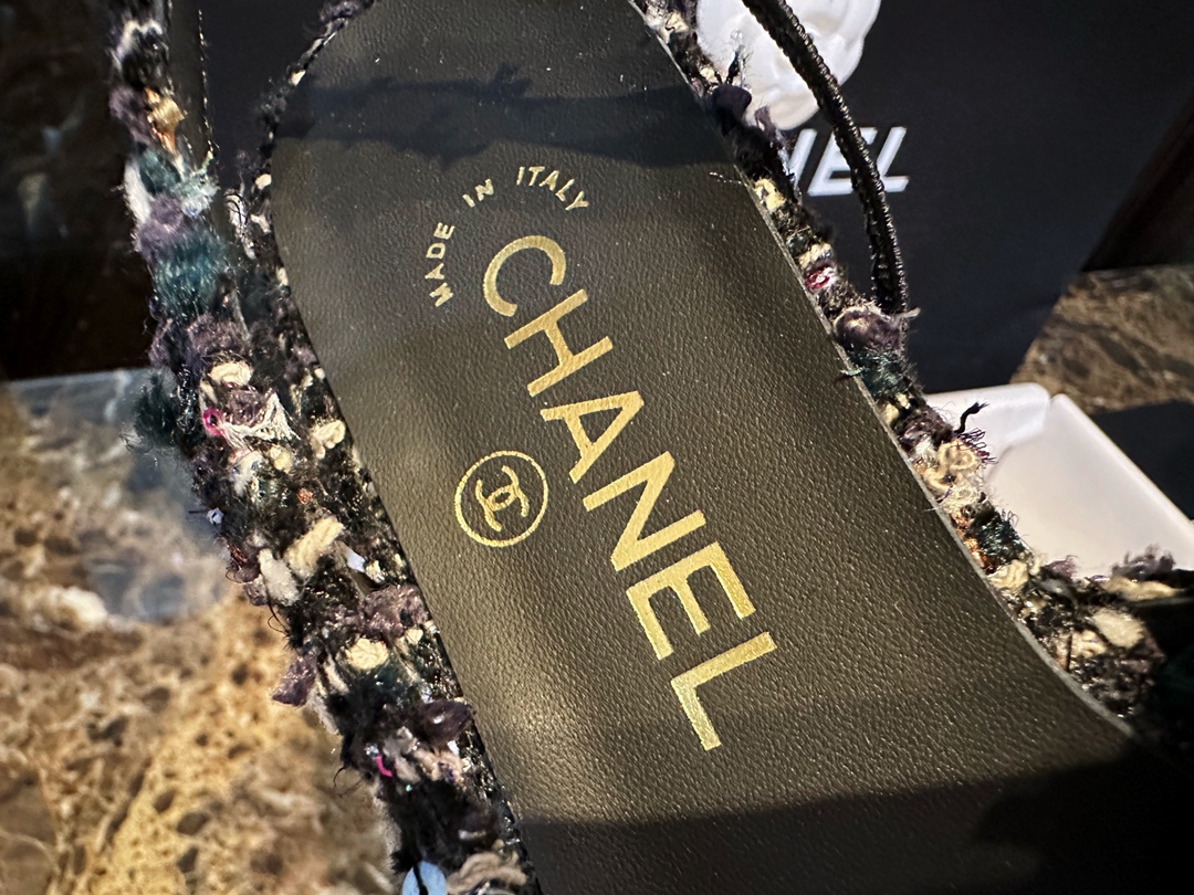 Chanel Black Rainbow Woven Floral Flat Shoes | Woolen Weave with Sparkling Sequins