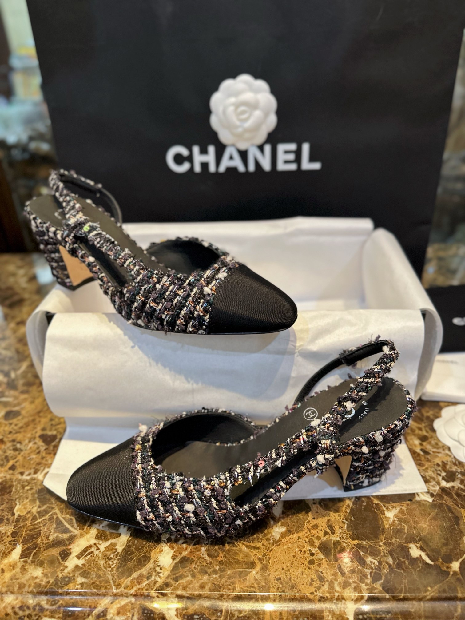 Chanel Black Rainbow Woven Floral Fabric Flat Shoes | Dark Coarse Rainbow Woven Wool with Twill Fabric, Original Silk Environmentally Friendly Lambskin Lining, Italian Grade A Leather Sole.