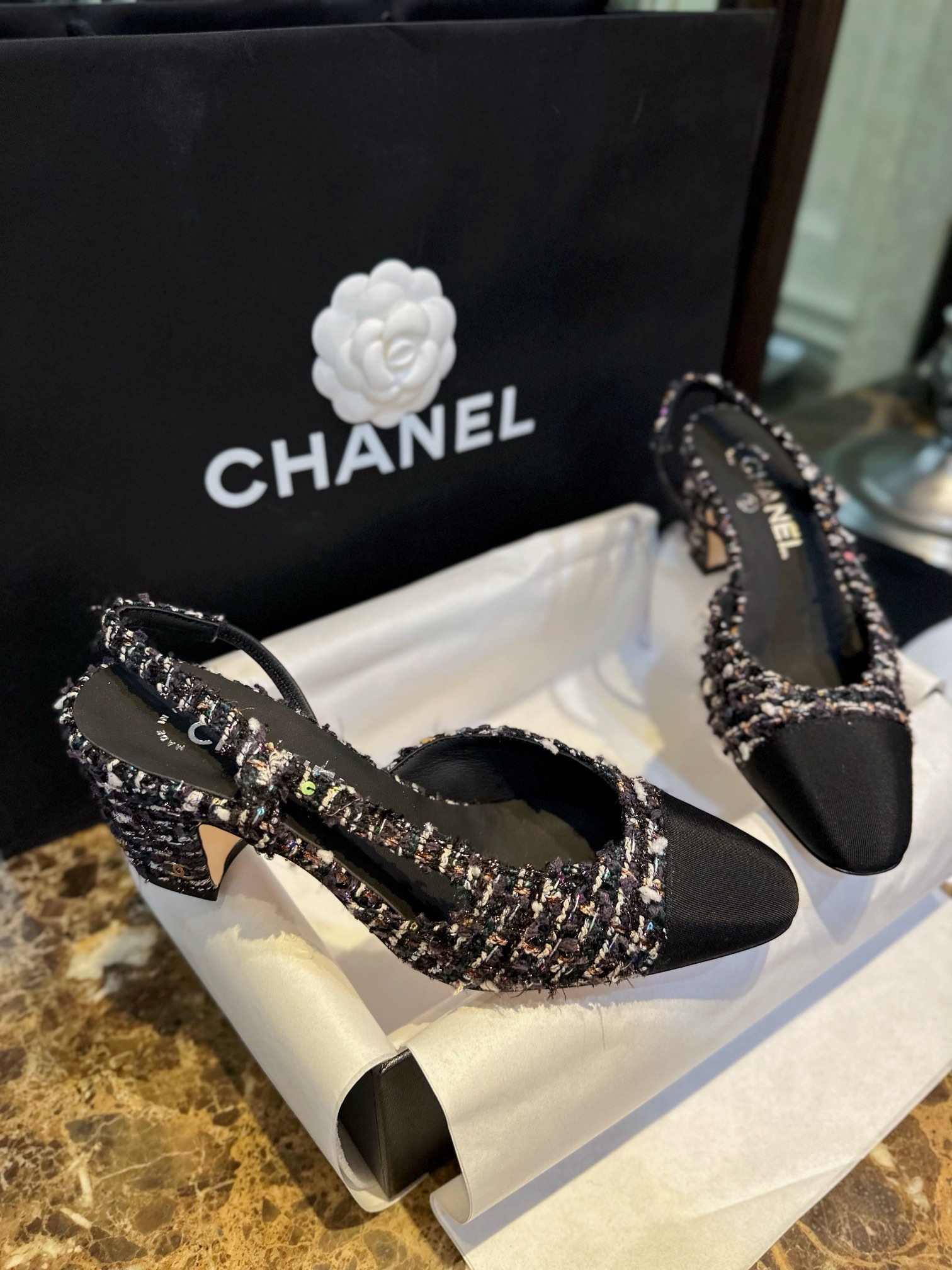 Chanel Black Rainbow Woven Floral Fabric Flat Shoes | Dark Coarse Rainbow Woven Wool with Twill Fabric, Original Silk Environmentally Friendly Lambskin Lining, Italian Grade A Leather Sole.