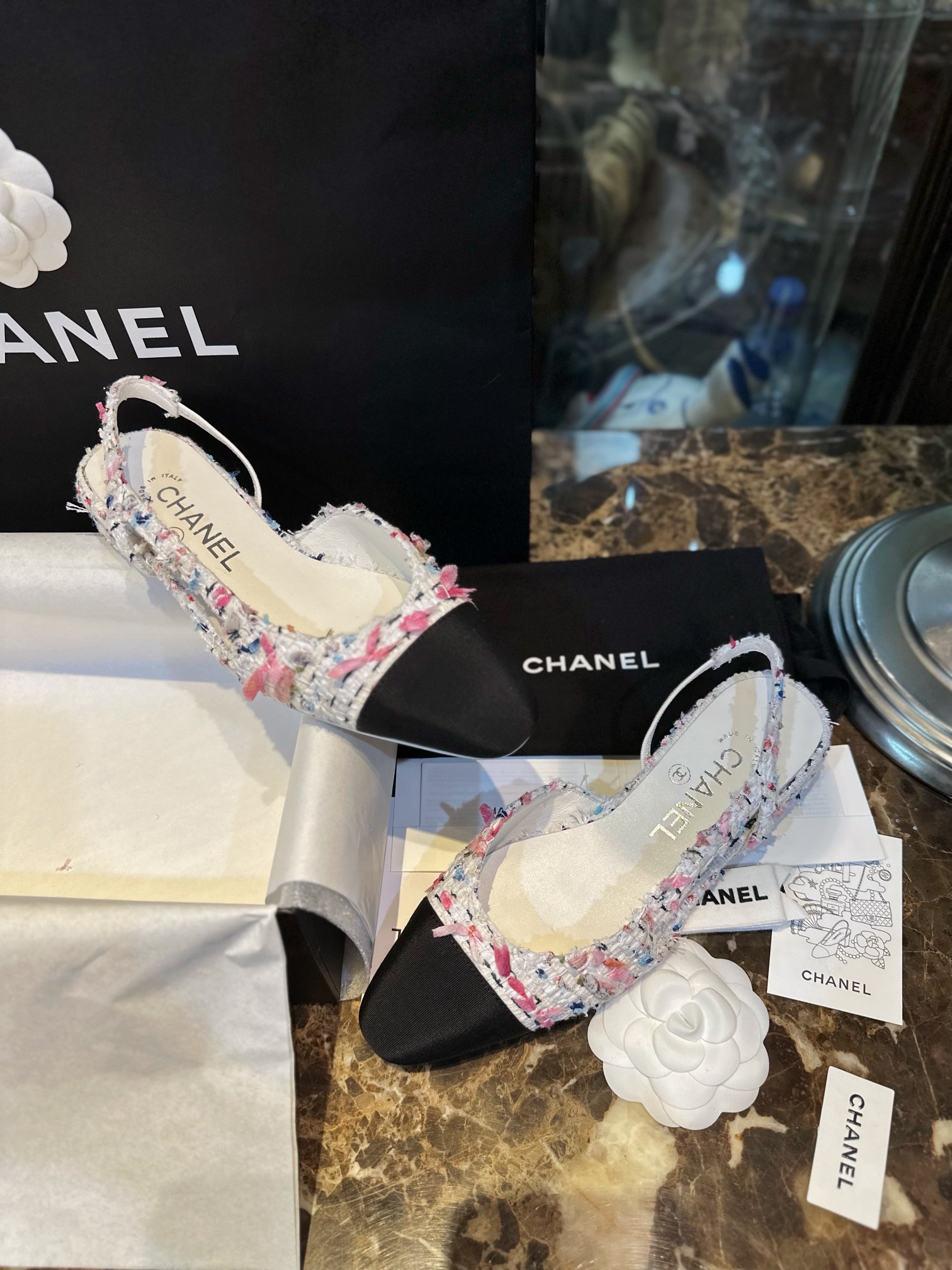 Chanel Chunky Bouclé Floral Slingback Flats - Soft Pink Texture