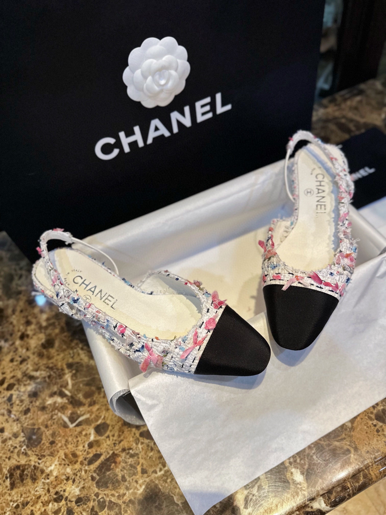 Chanel Chunky Bouclé Floral Slingback Flats - Soft Pink Texture