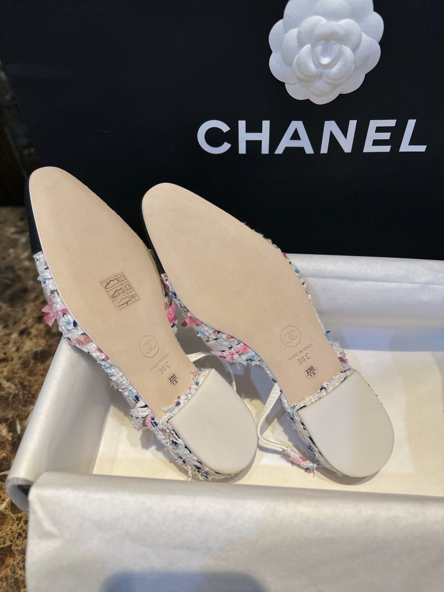 Chanel Chunky Bouclé Floral Slingback Flats - Soft Pink Texture