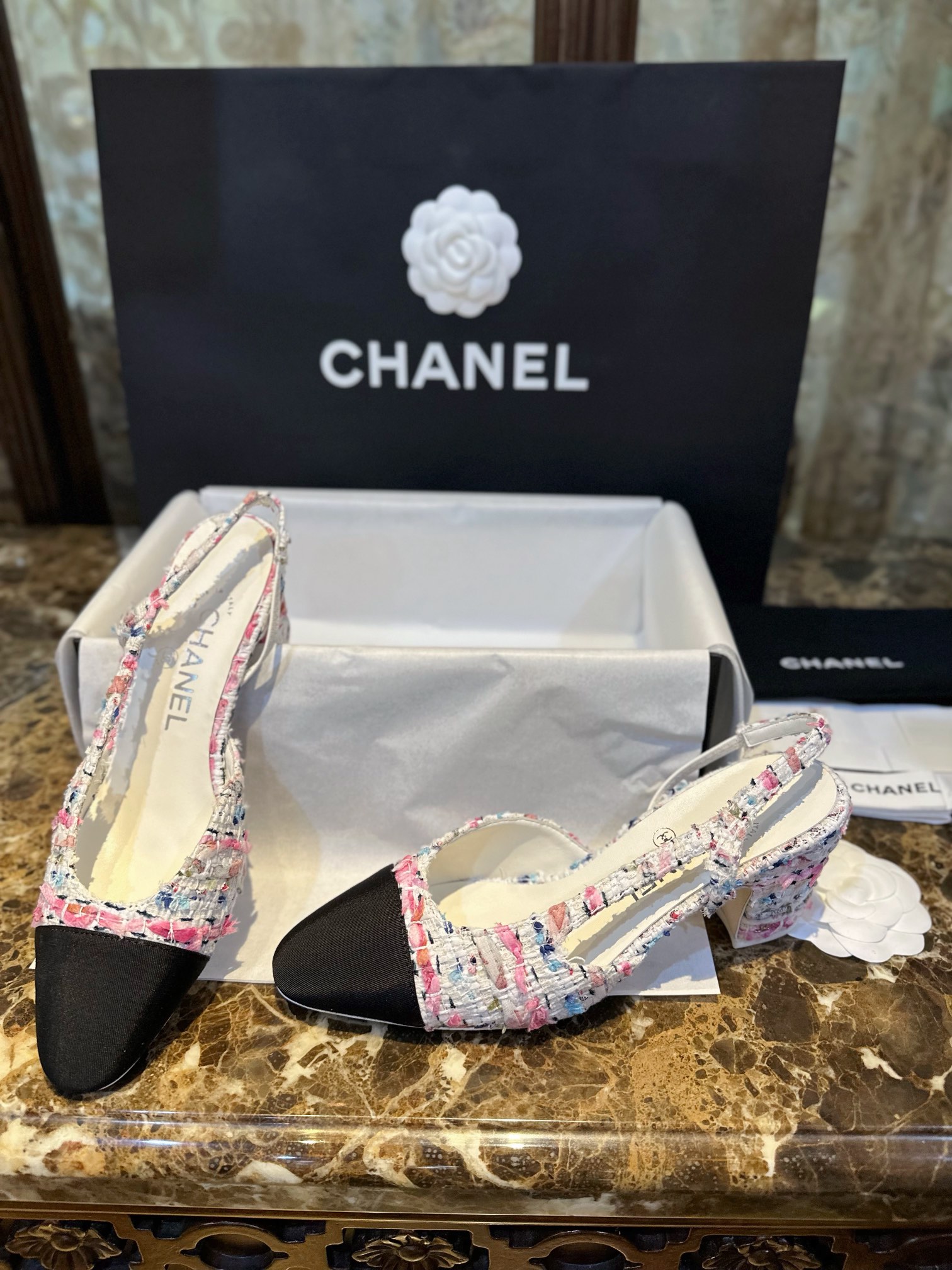 Chanel Pink Bouclé Floral High Heel Slingback 