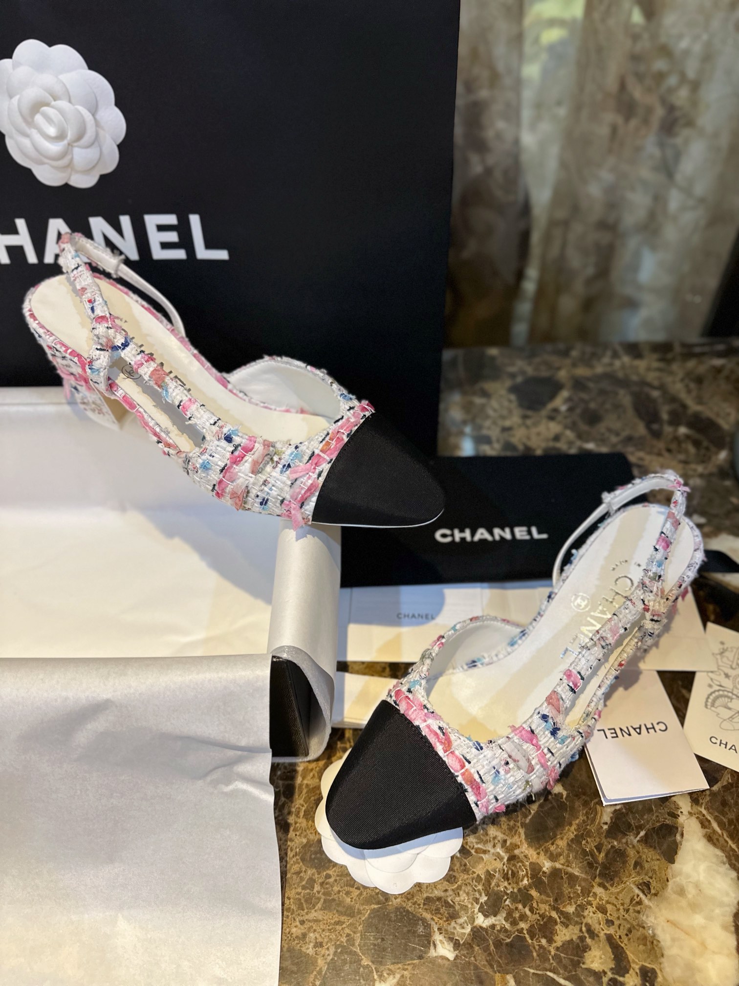 Chanel Pink Bouclé Floral High Heel Slingback 