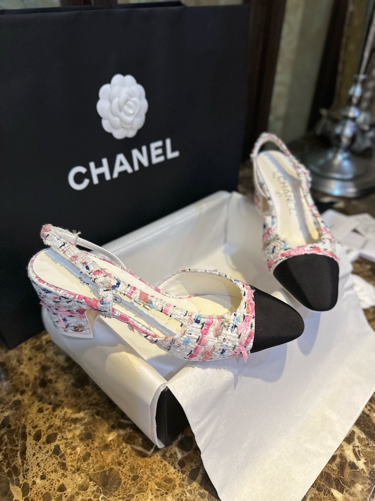 Chanel Pink Bouclé Floral High Heel Slingback 