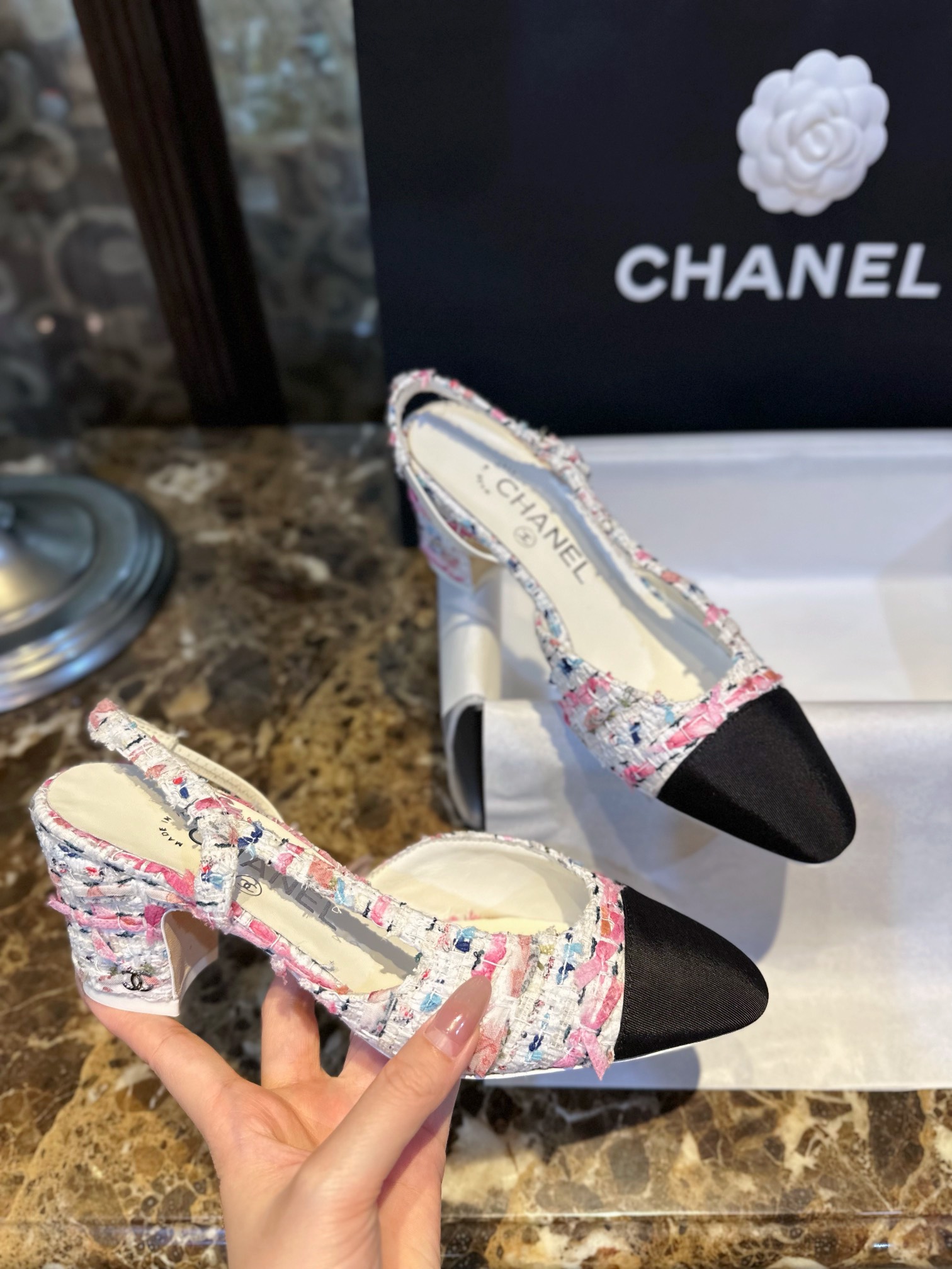 Chanel Pink Bouclé Floral High Heel Slingback 