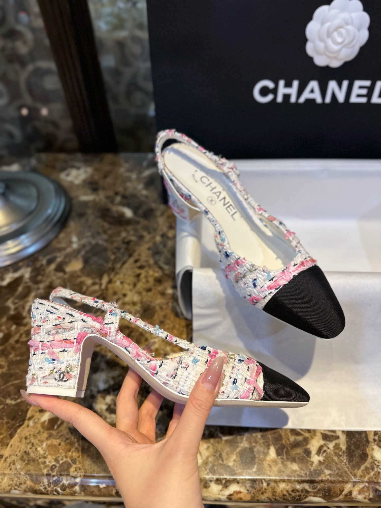 Chanel Pink Bouclé Floral High Heel Slingback 