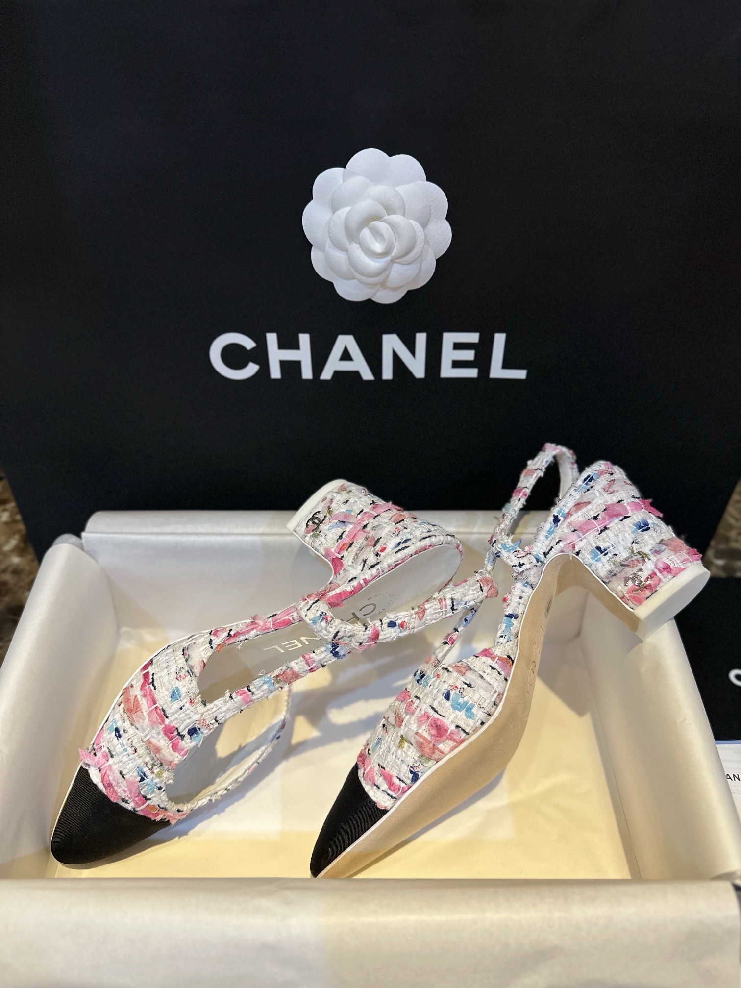 Chanel Pink Bouclé Floral High Heel Slingback 