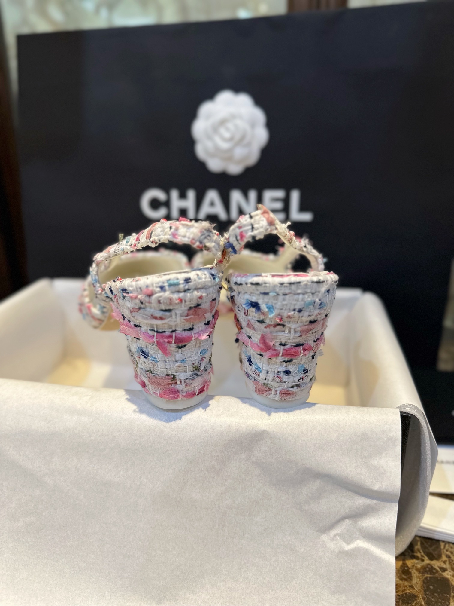 Chanel Pink Bouclé Floral High Heel Slingback 