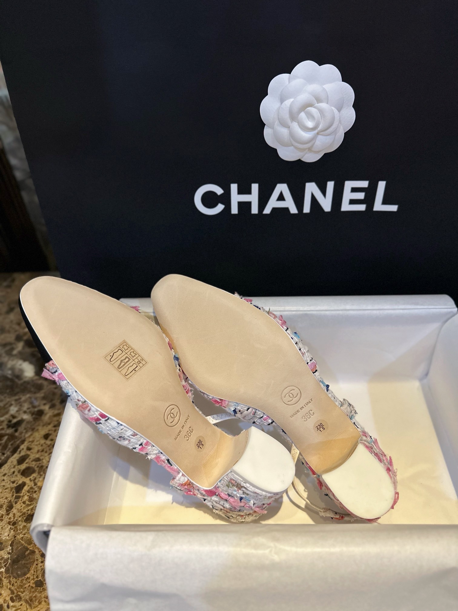 Chanel Pink Bouclé Floral High Heel Slingback 