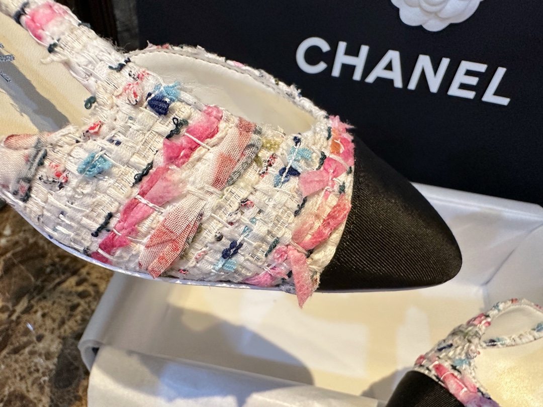 Chanel Pink Bouclé Floral High Heel Slingback 