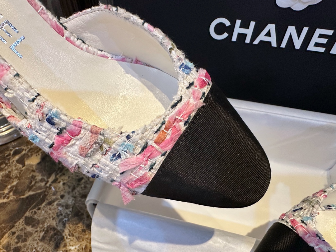 Chanel Pink Bouclé Floral High Heel Slingback 