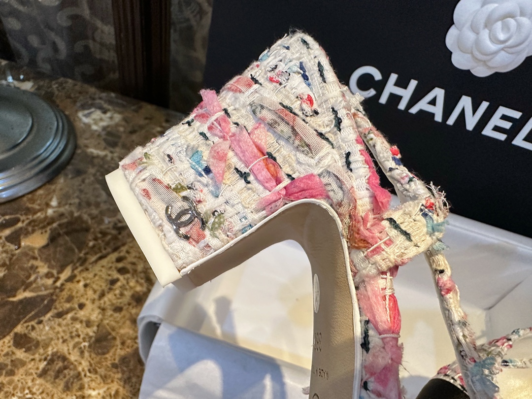 Chanel Pink Bouclé Floral High Heel Slingback 