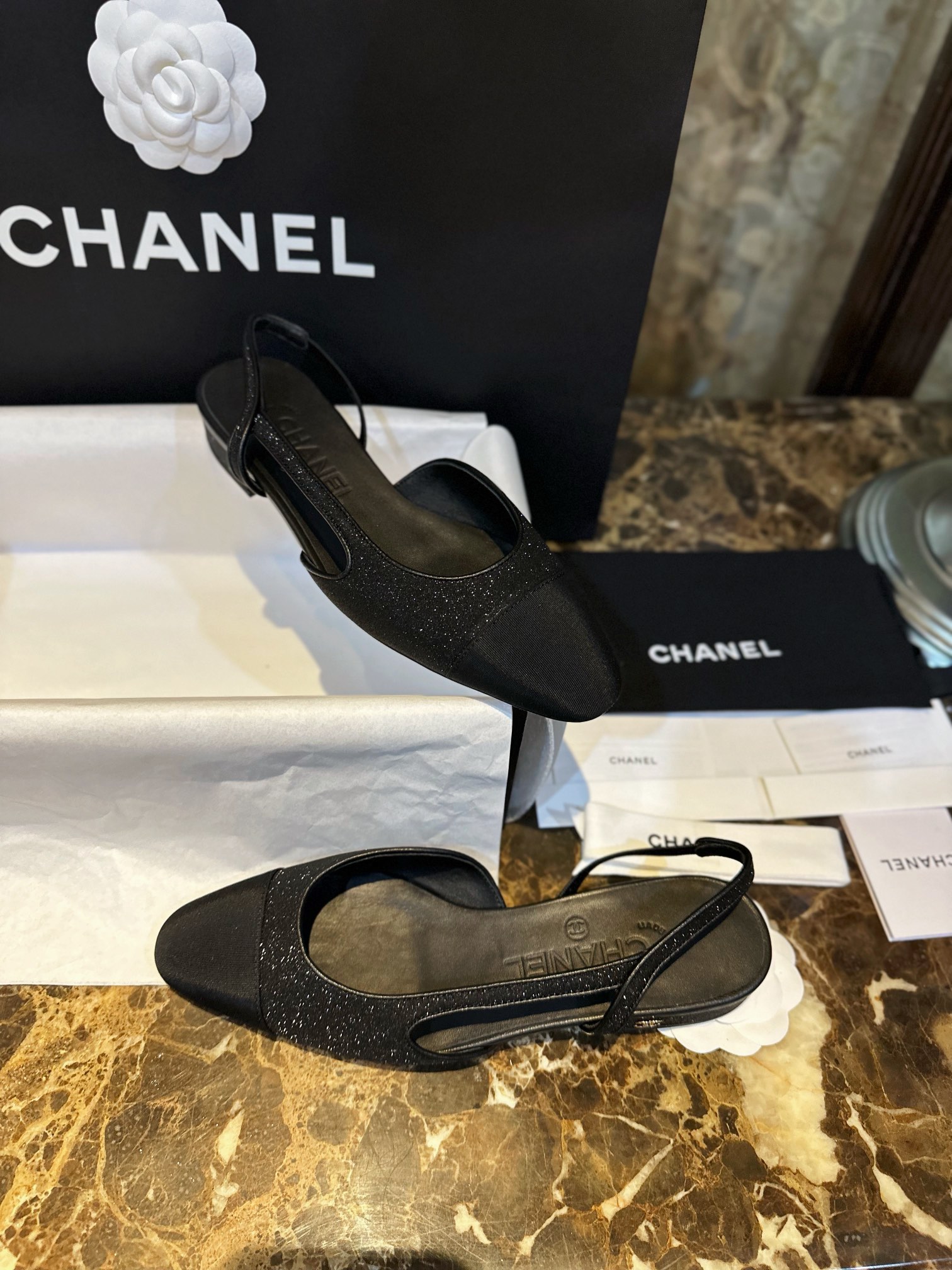 Chanel Black Glitter Flat Slingback Sandals